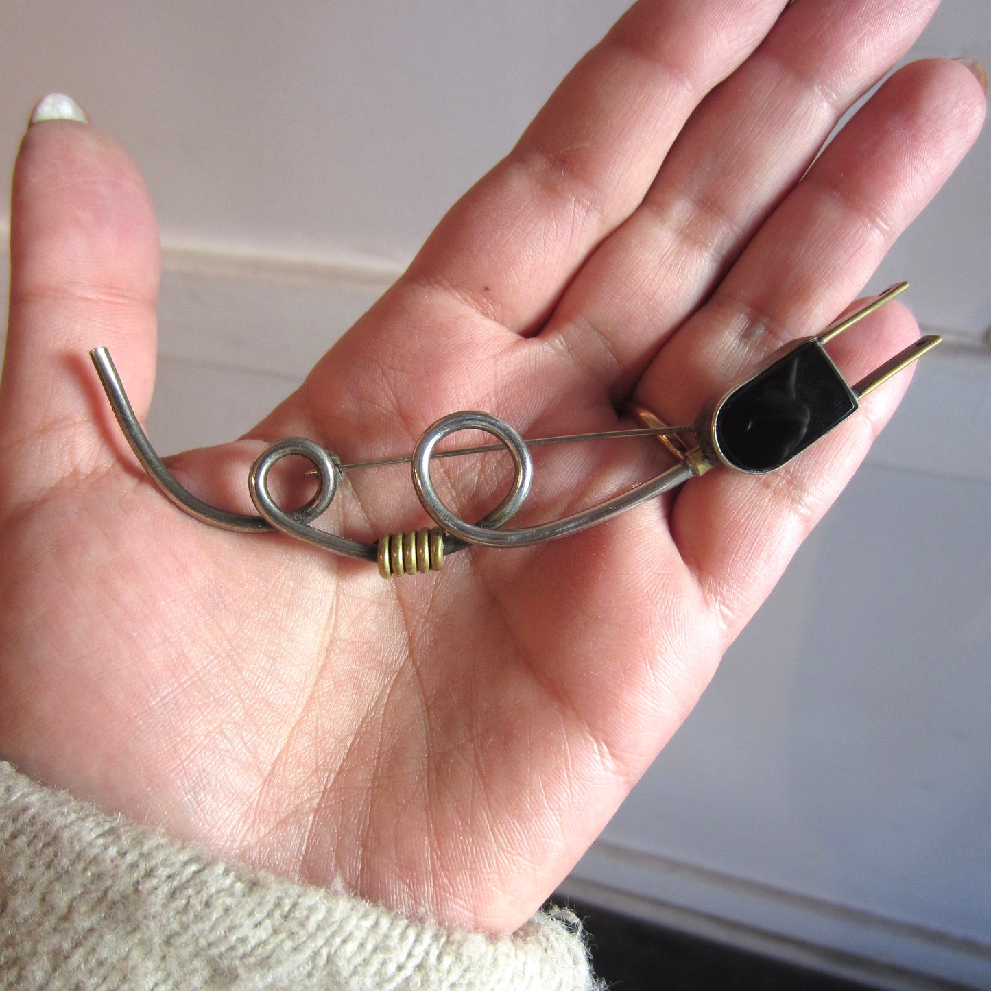 SOLD--Post Modern Mexican Onyx Plug Brooch Sterling and Brass c. 1980