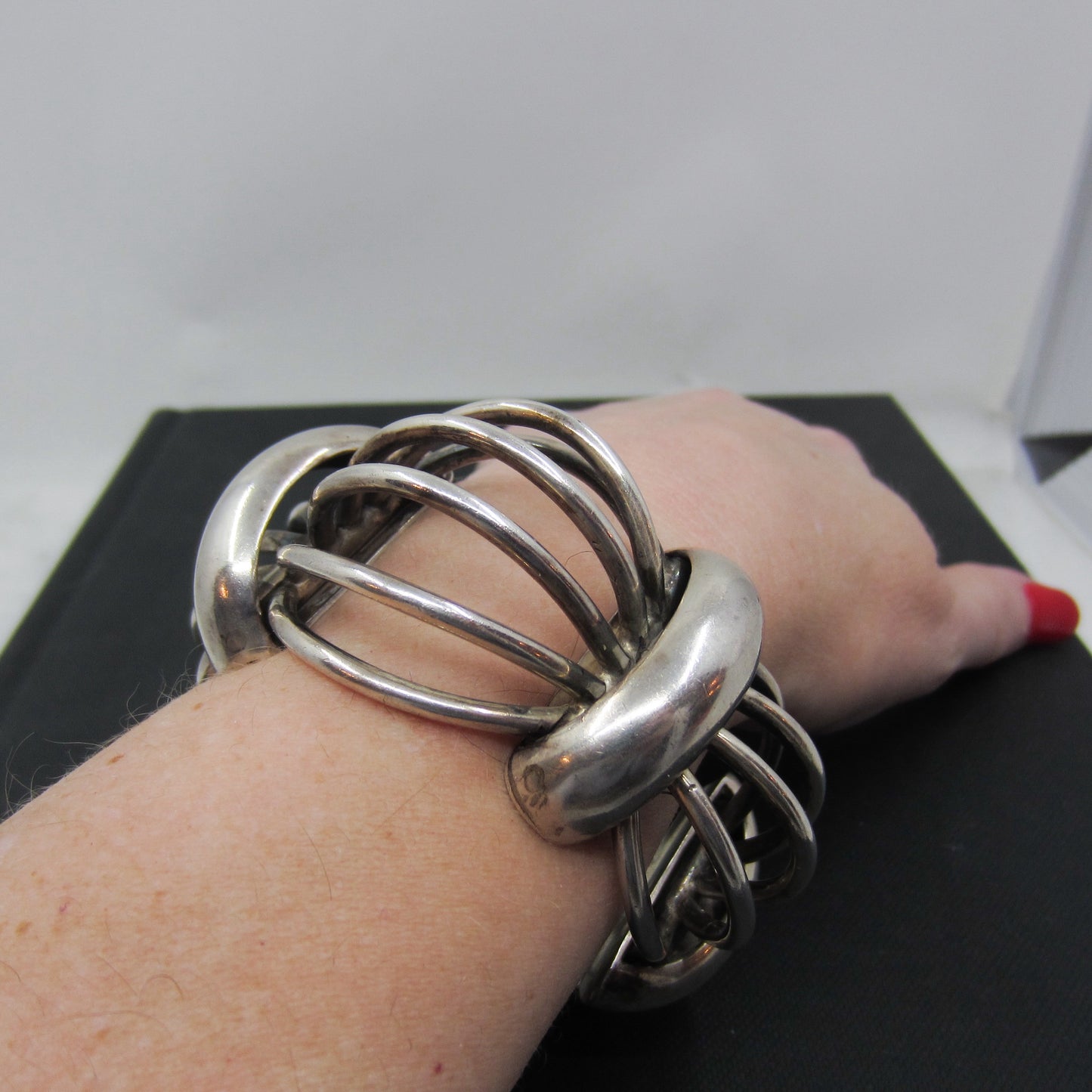 Mid Century Huge Antonio Pineda Birdcage Bracelet Sterling, Taxco c. 1960
