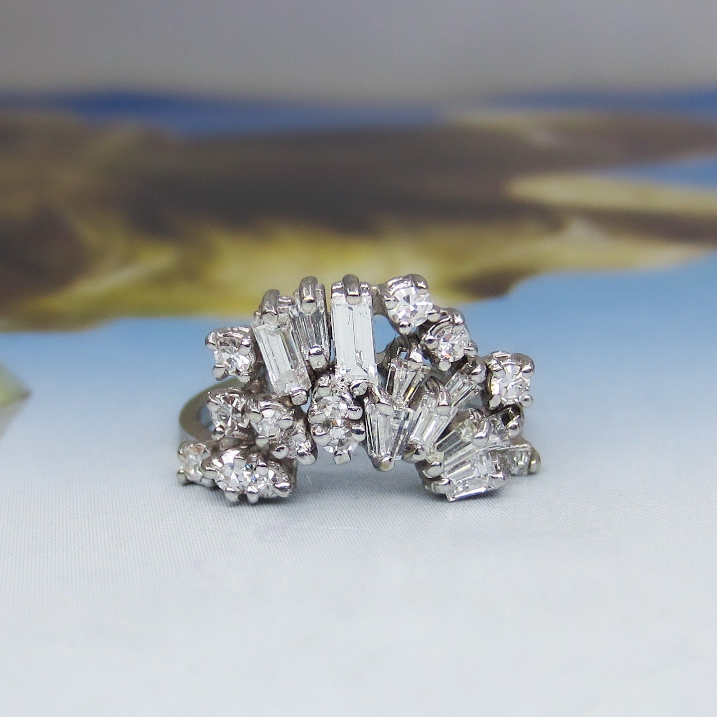 Vintage Baguette and Round Diamond Tiara Ring 14k c. 1960