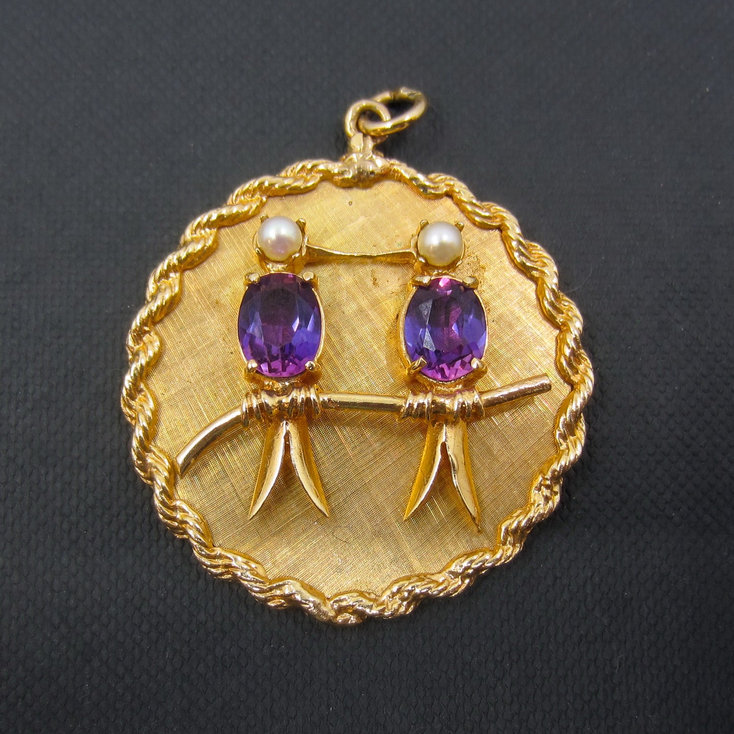 SOLD--Mid-Century Big Amethyst and Pearl Lovebirds Charm 14k c. 1950