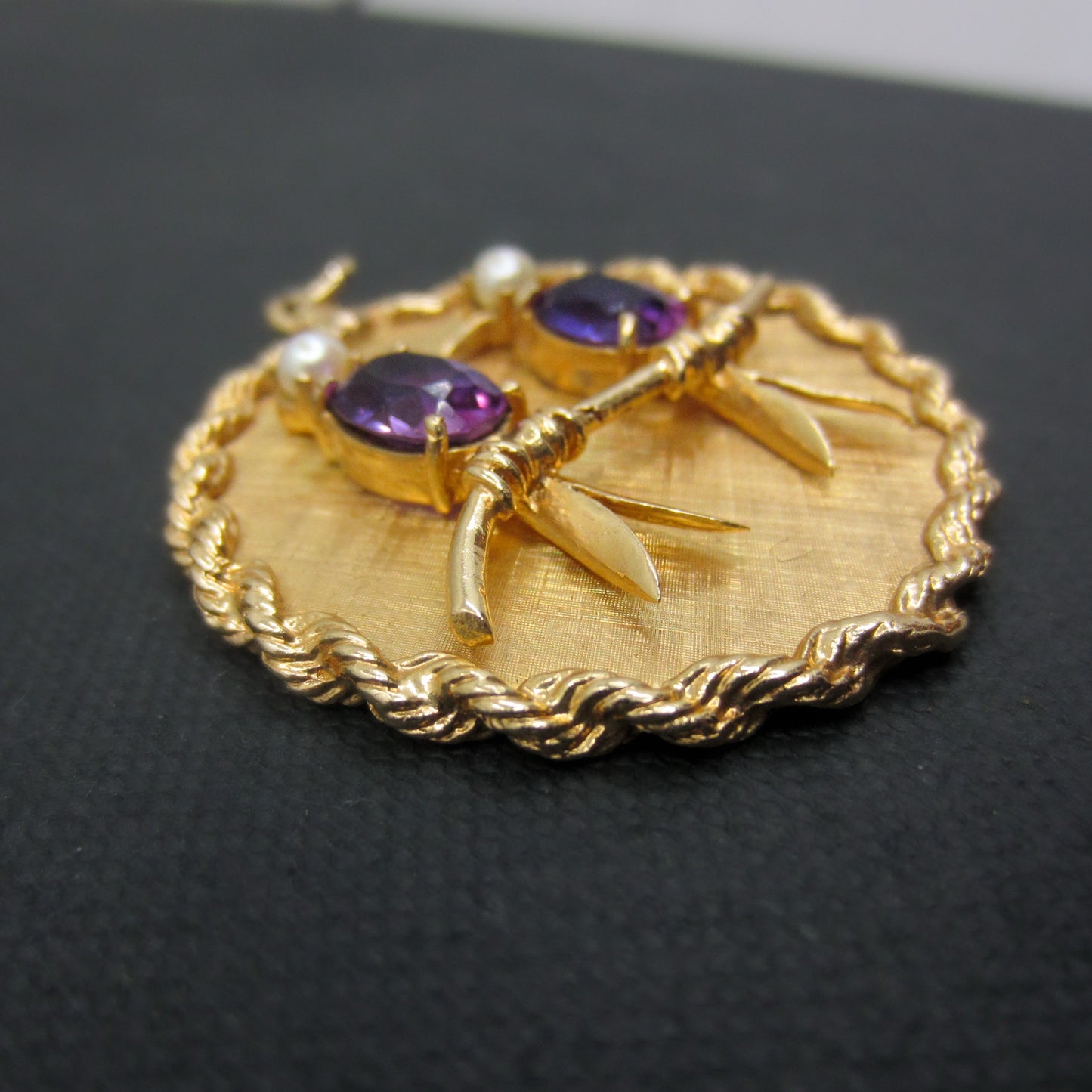 SOLD--Mid-Century Big Amethyst and Pearl Lovebirds Charm 14k c. 1950
