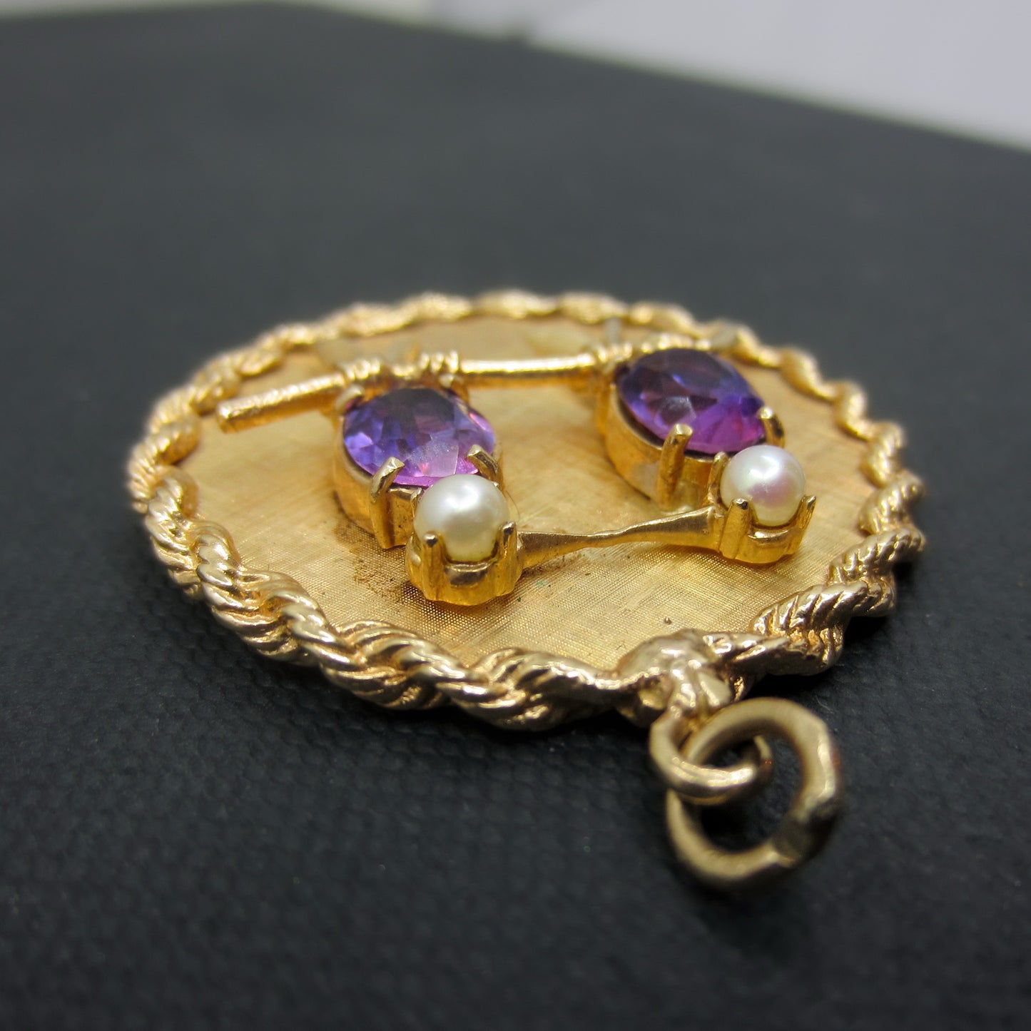 SOLD--Mid-Century Big Amethyst and Pearl Lovebirds Charm 14k c. 1950