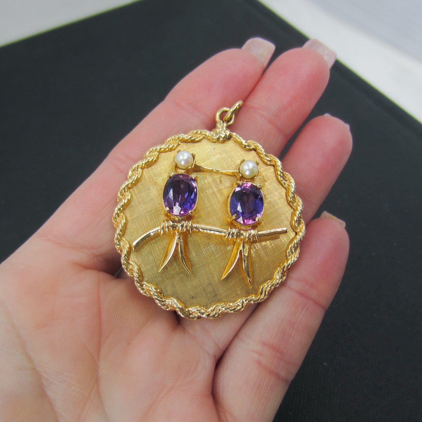 SOLD--Mid-Century Big Amethyst and Pearl Lovebirds Charm 14k c. 1950