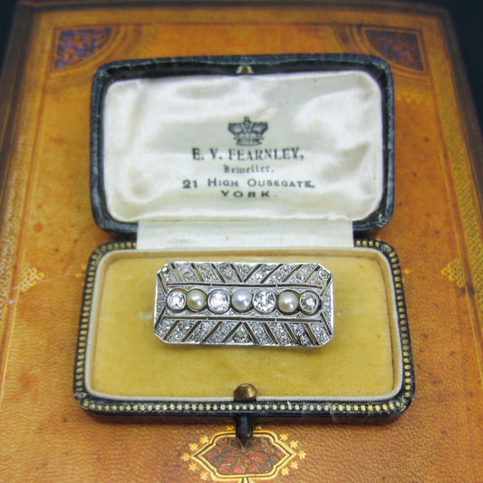 SOLD-- Gorgeous Edwardian Diamond and Pearl Brooch Platinum in Original Box c. 1910
