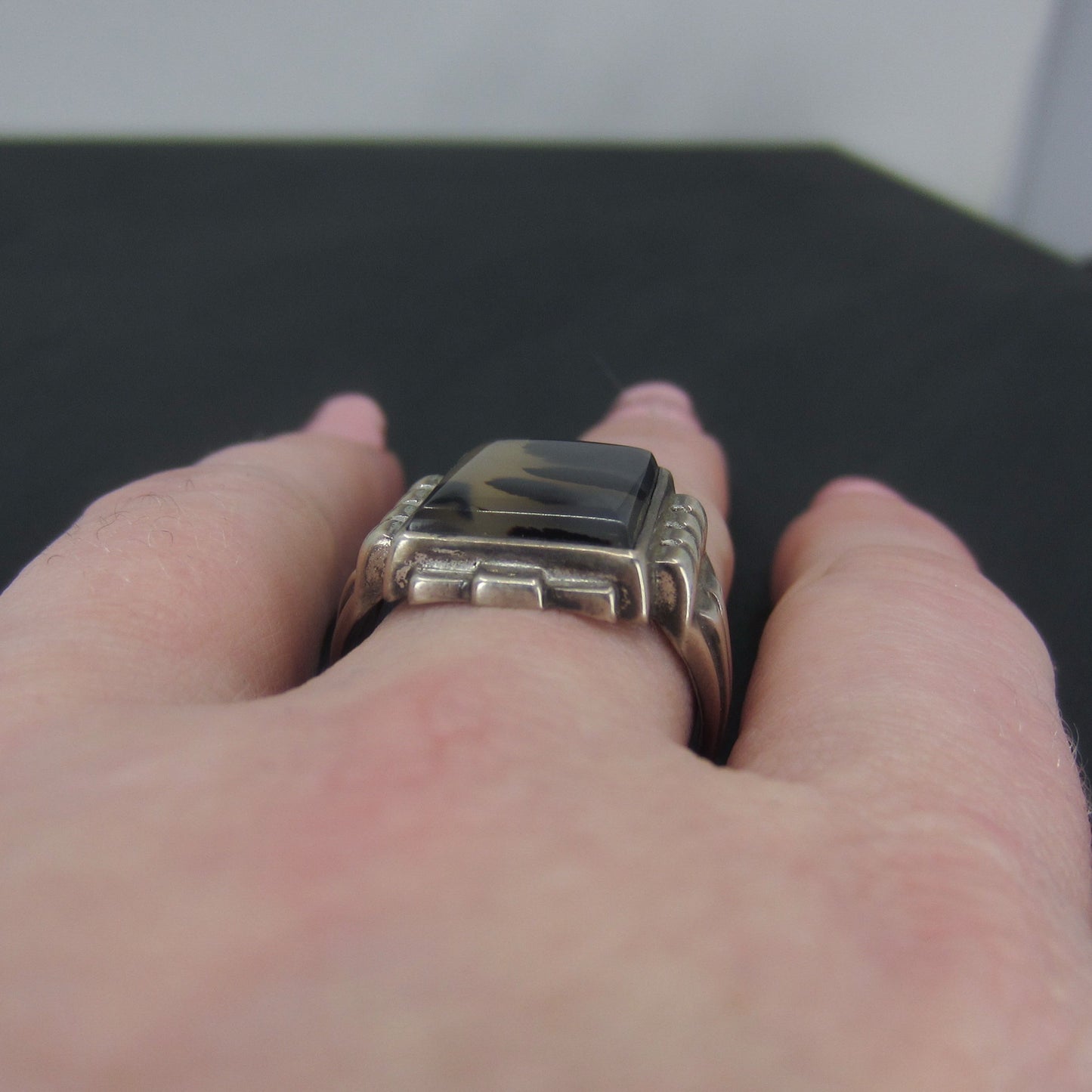 Men’s Art Deco Agate Signet Ring Sterling c. 1930