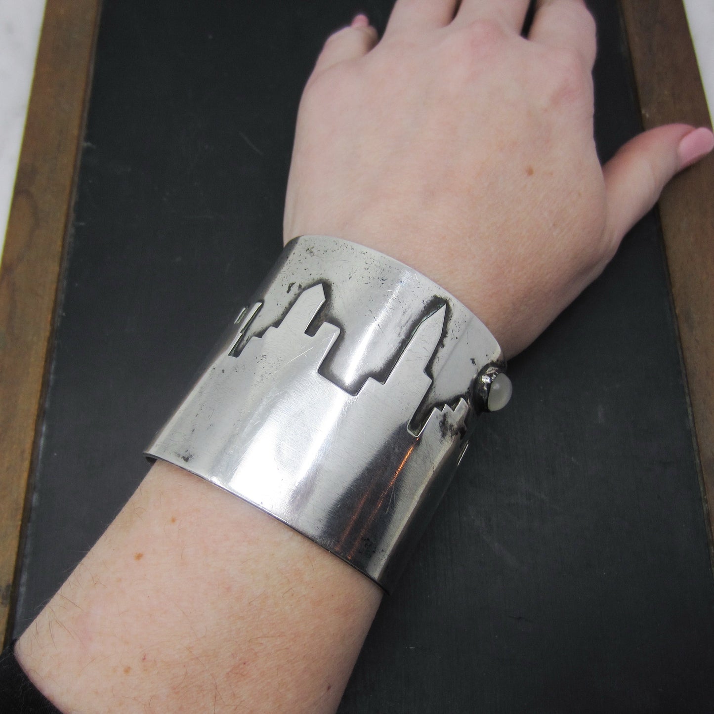 Fantastic Moonstone City Skyline Cuff Sterling c. 1990