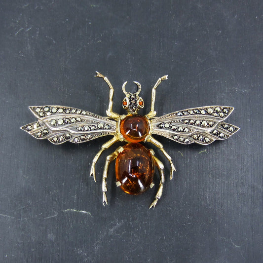 SOLD-Vintage Large Amber and Marcasite Bug Brooch Sterling, Germany c. 1930