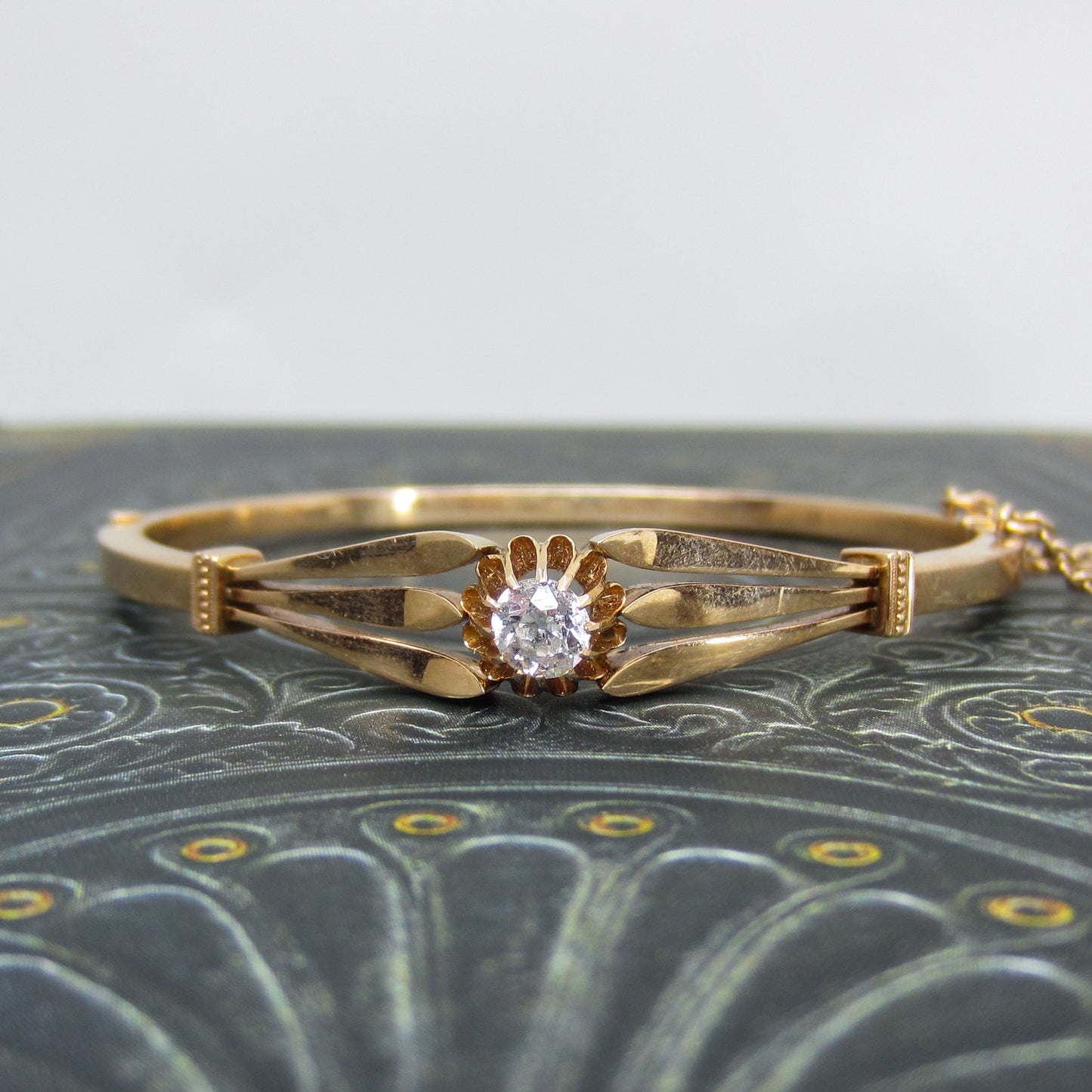 Victorian Old Mine Diamond Hinged Bangle 14k c. 1880