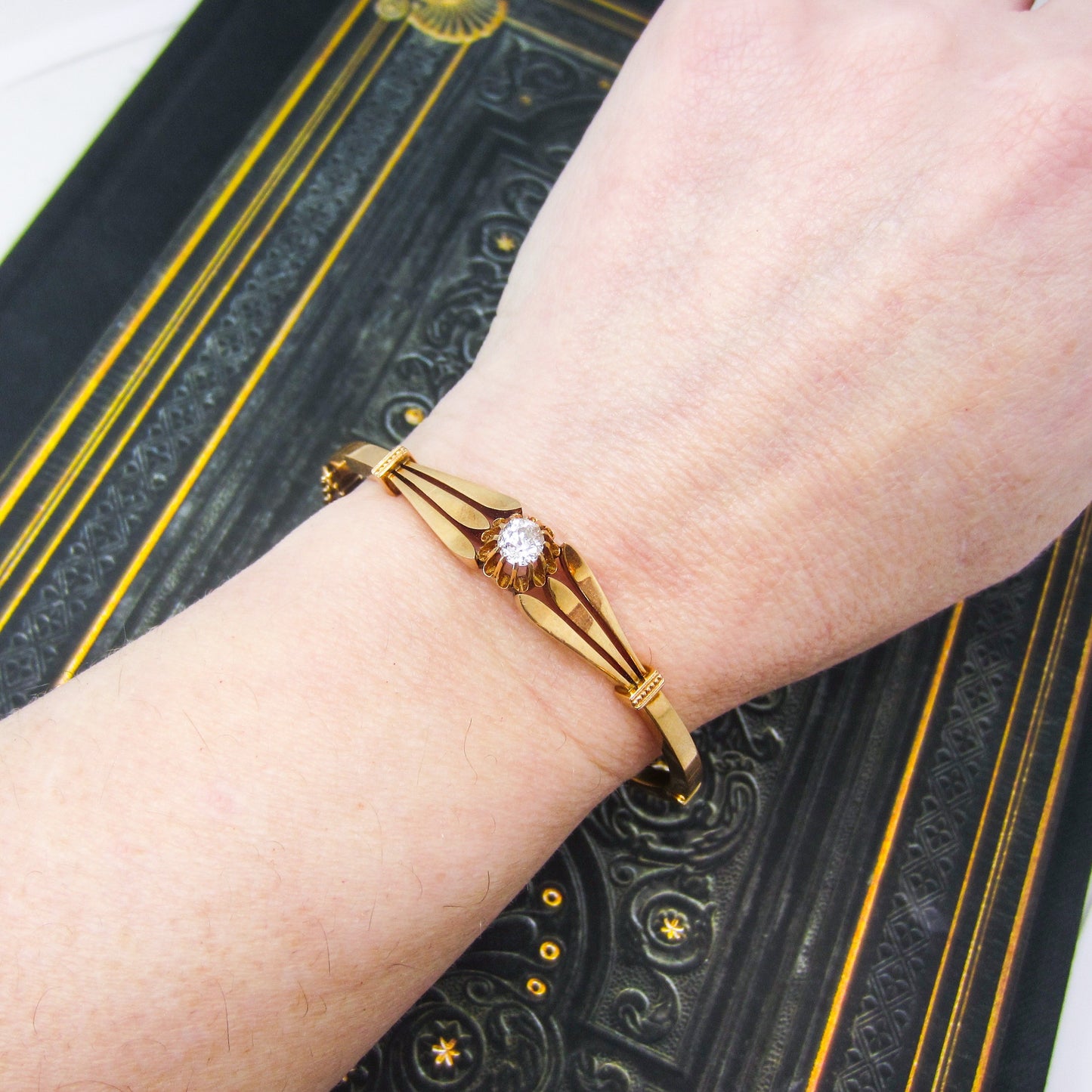 Victorian Old Mine Diamond Hinged Bangle 14k c. 1880