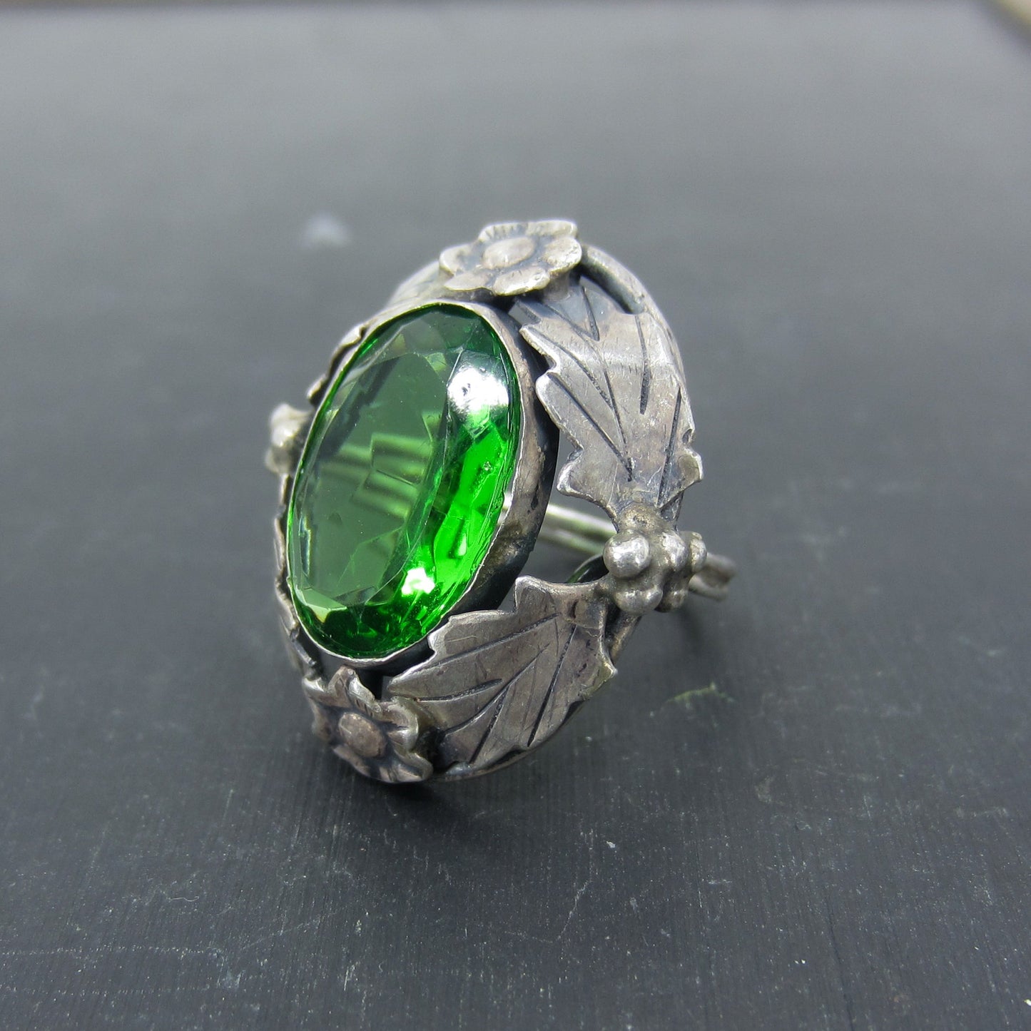 Arts & Crafts Green Glass Ring Sterling c. 1920
