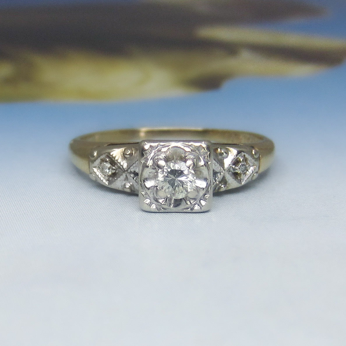Retro Round Brilliant Cut .12ct Diamond Engagement Ring 14k c. 1940