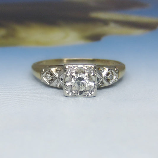 SOLD-Retro Round Brilliant Cut .12ct Diamond Engagement Ring 14k c. 1940