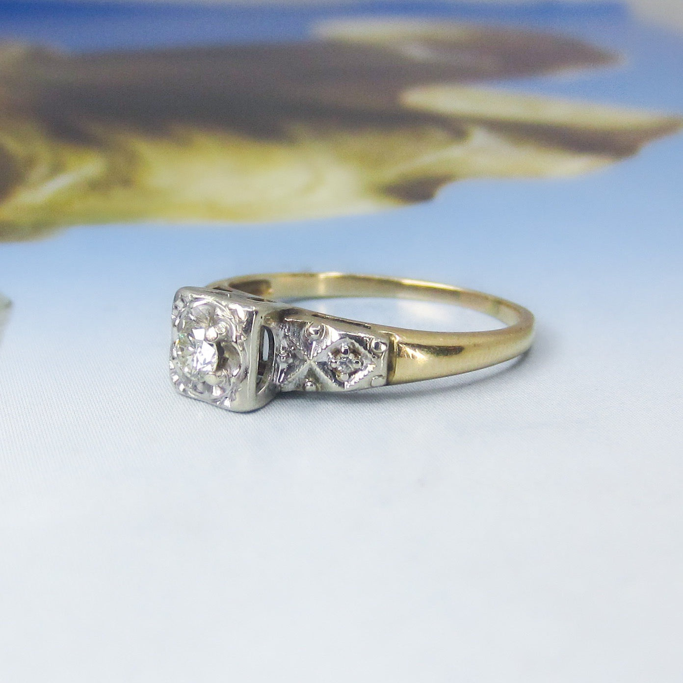 Retro Round Brilliant Cut .12ct Diamond Engagement Ring 14k c. 1940