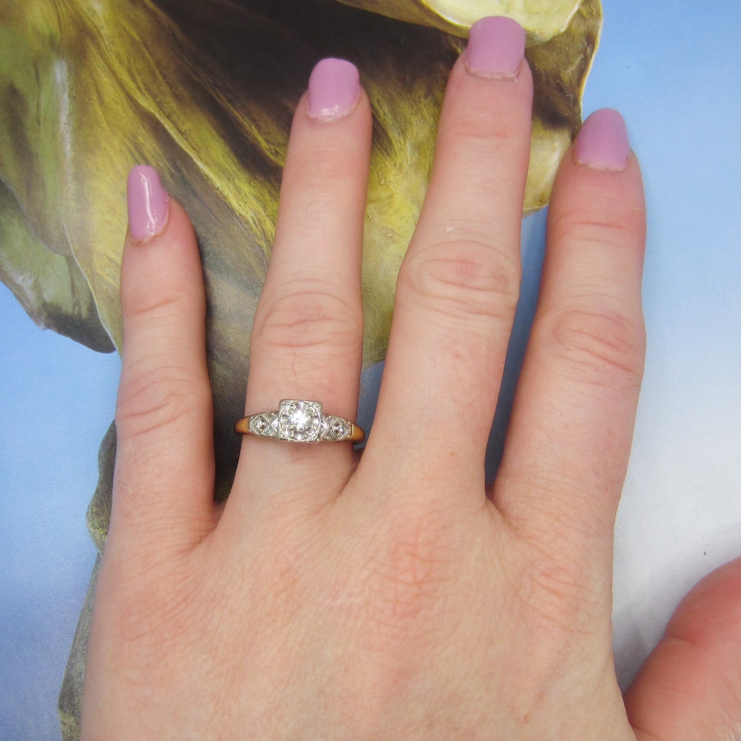 Retro Round Brilliant Cut .12ct Diamond Engagement Ring 14k c. 1940