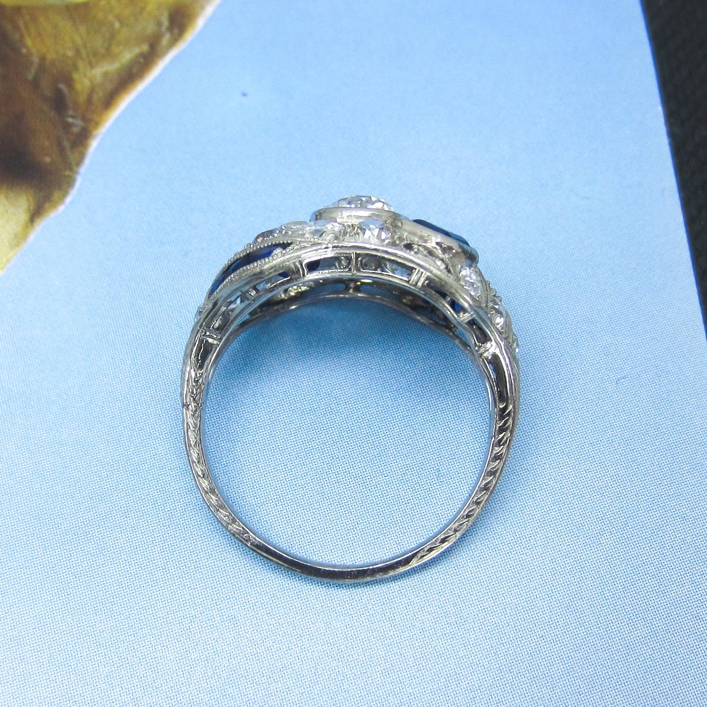 Fabulous Art Deco Diamond and Sapphire Ring Platinum c. 1920