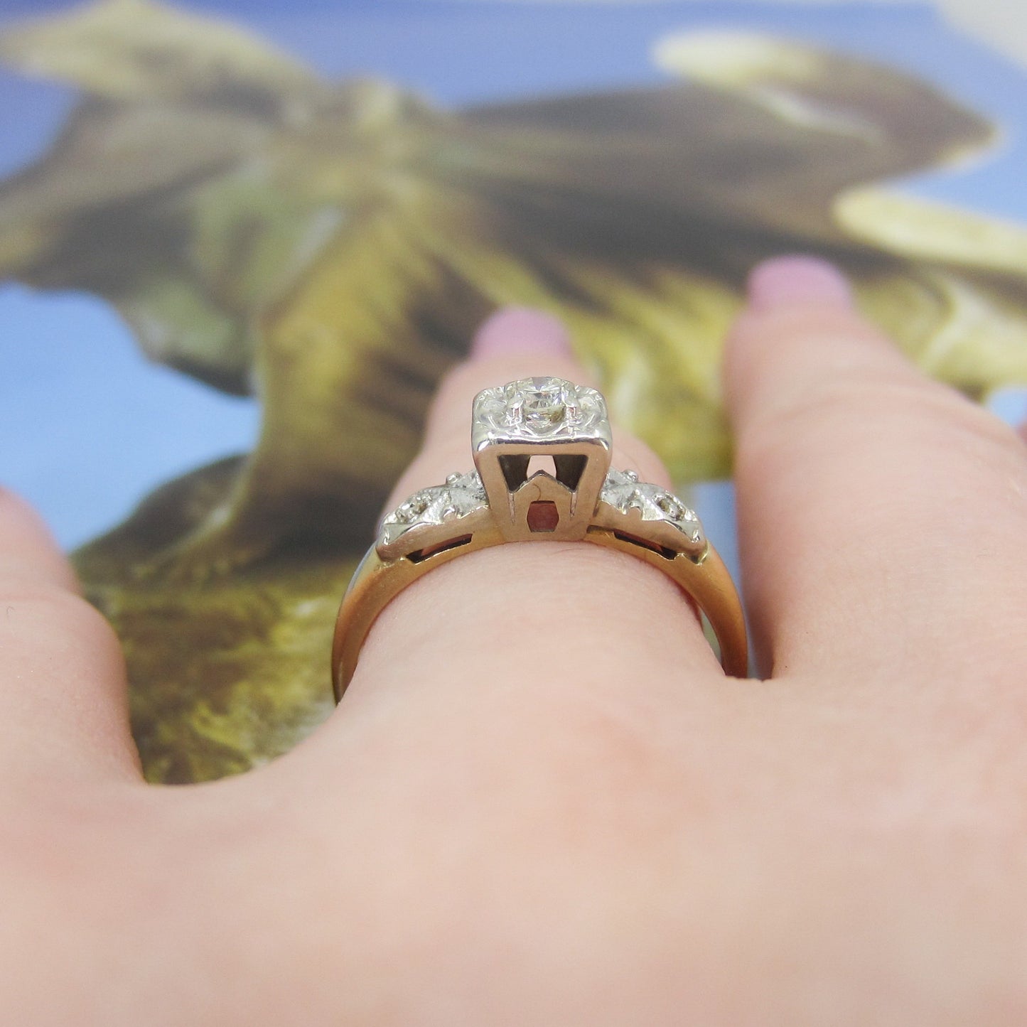 Retro Round Brilliant Cut .12ct Diamond Engagement Ring 14k c. 1940