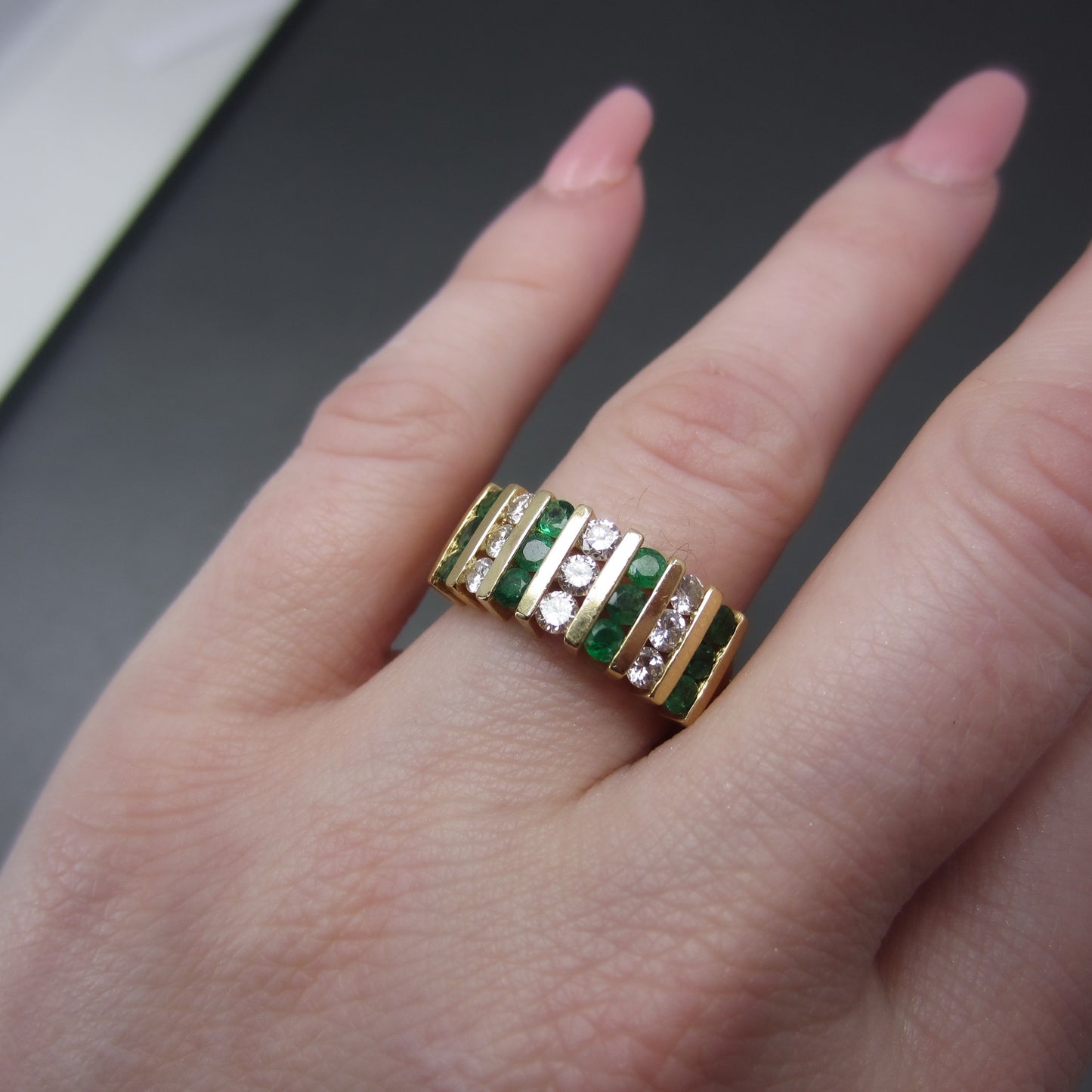 Vintage Emerald and Diamond Wide Band 14k c. 1990