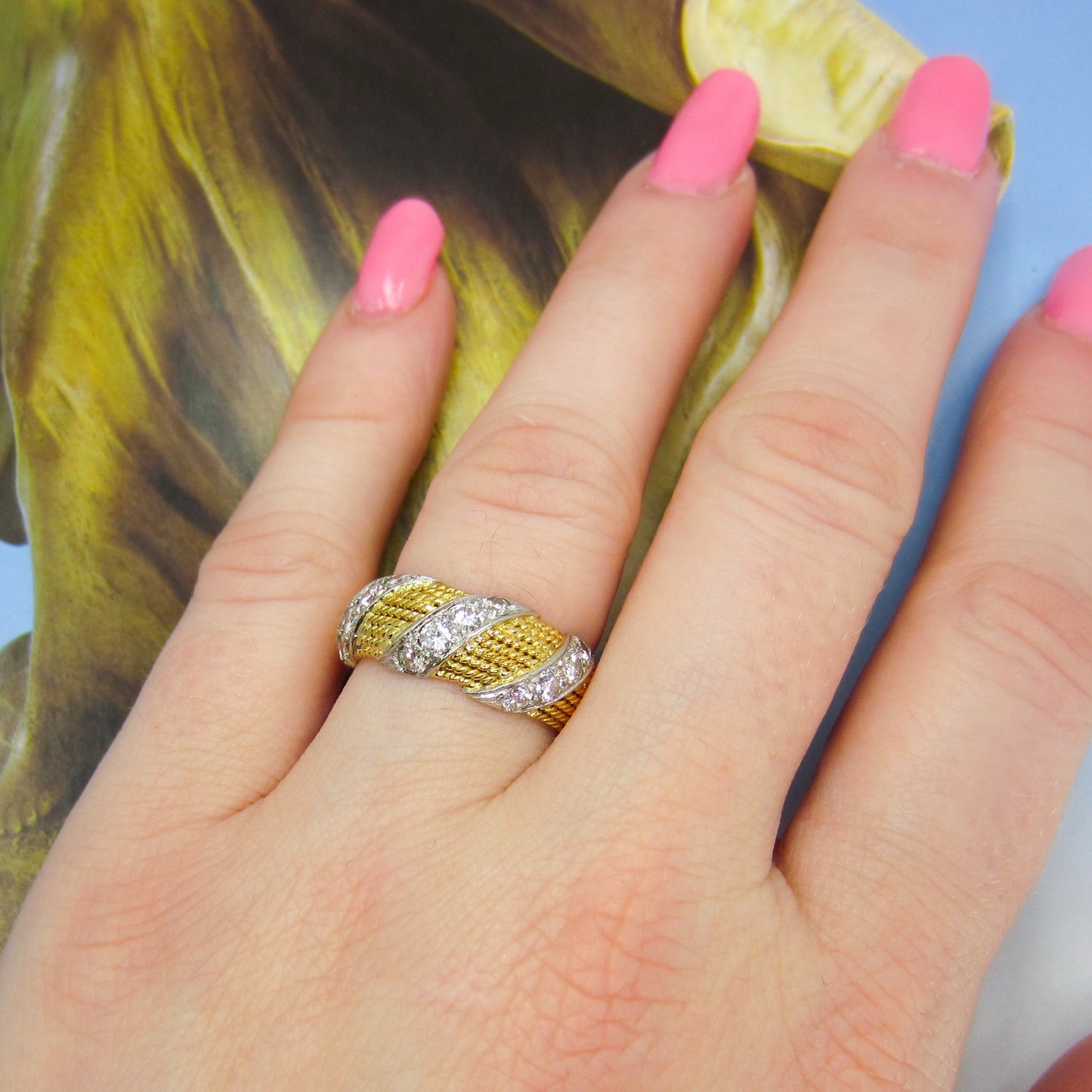 Vintage Mid-Century Wide Diamond Band 18k, size 7 c. 1960
