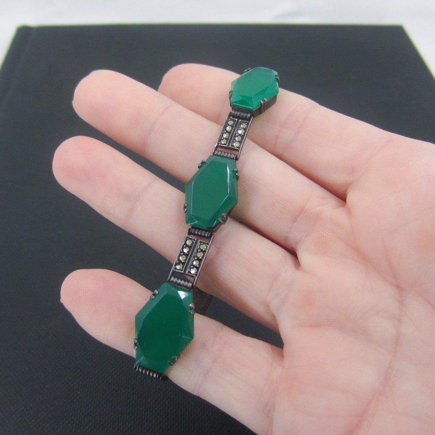 SOLD--Art Deco Chalcedony and Marcasite Bracelet Sterling c. 1930