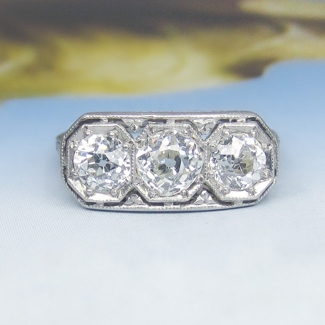 Stunning Art Deco Three Old Euro Diamond Ring Platinum c. 1920