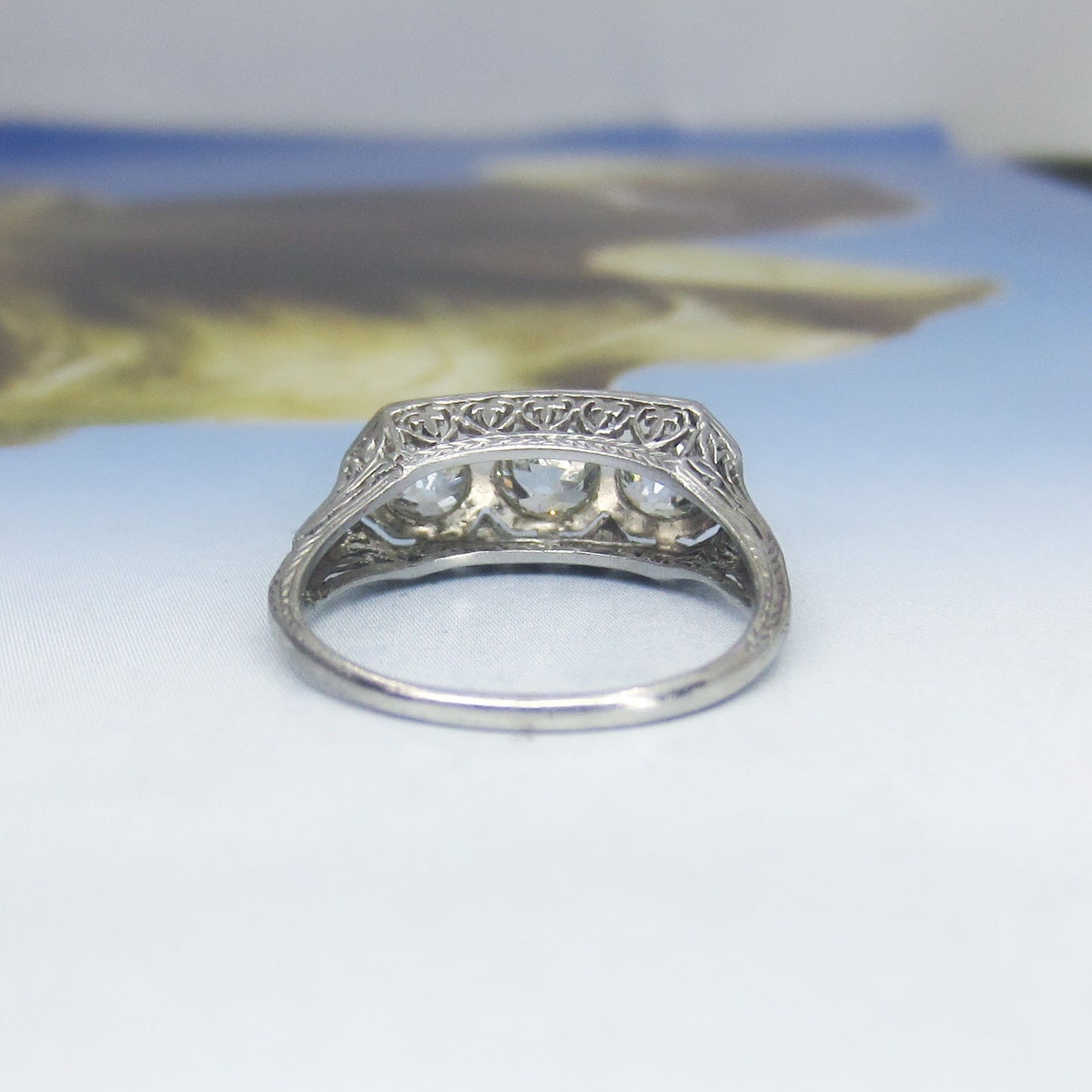 Stunning Art Deco Three Old Euro Diamond Ring Platinum c. 1920