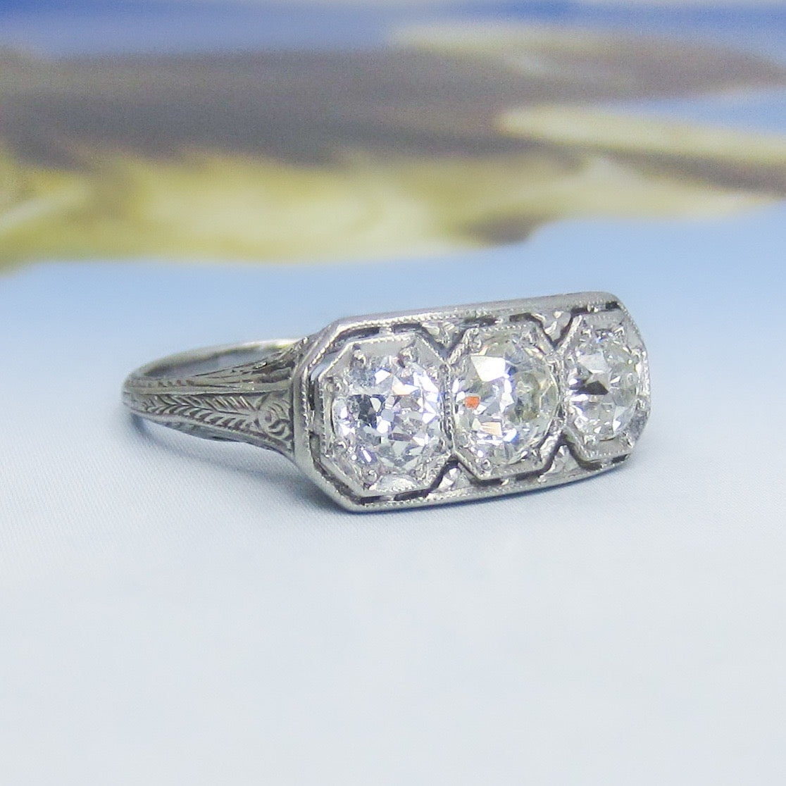 Stunning Art Deco Three Old Euro Diamond Ring Platinum c. 1920