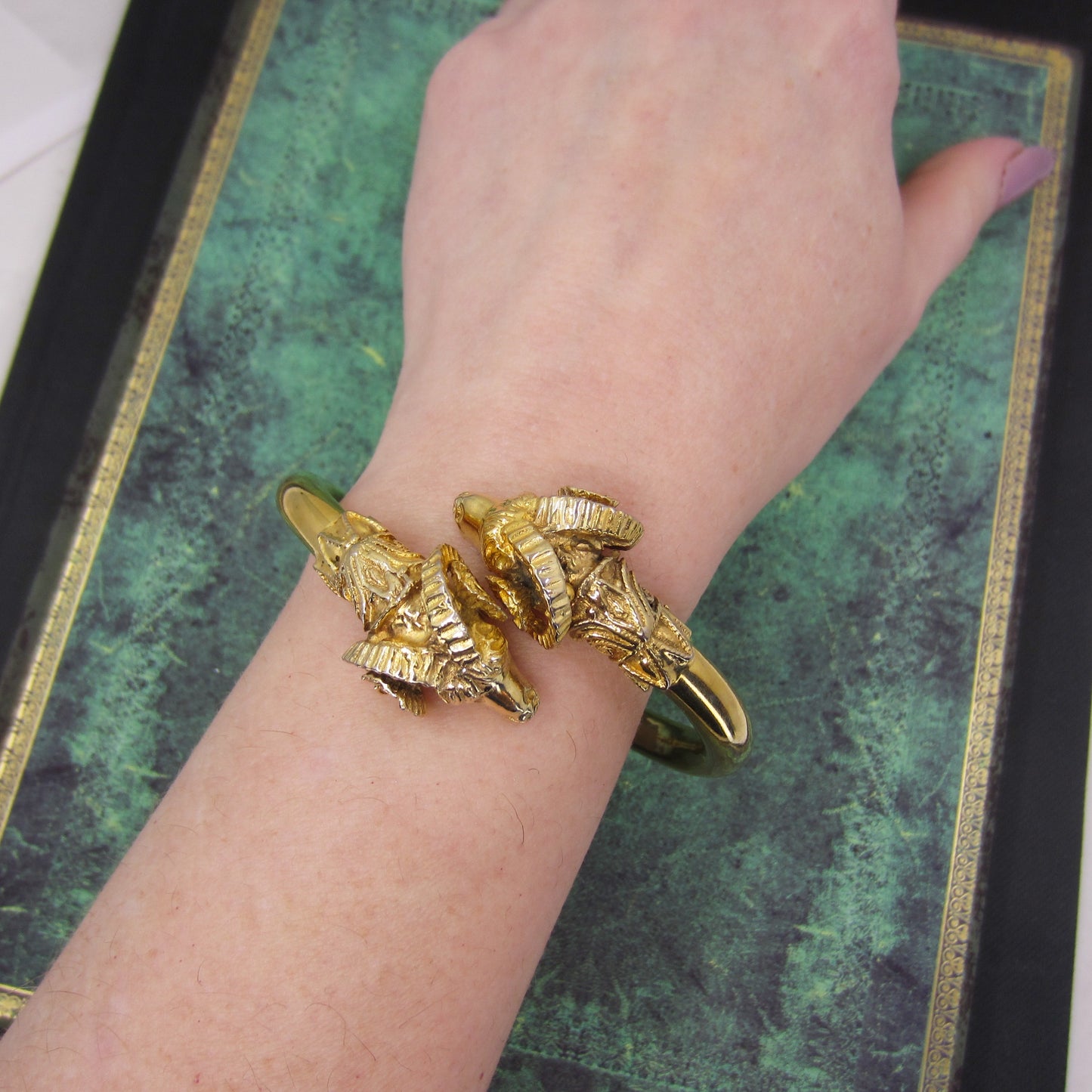 Vintage Hinged Rams Head Bangle Gilt Sterling c. 1990