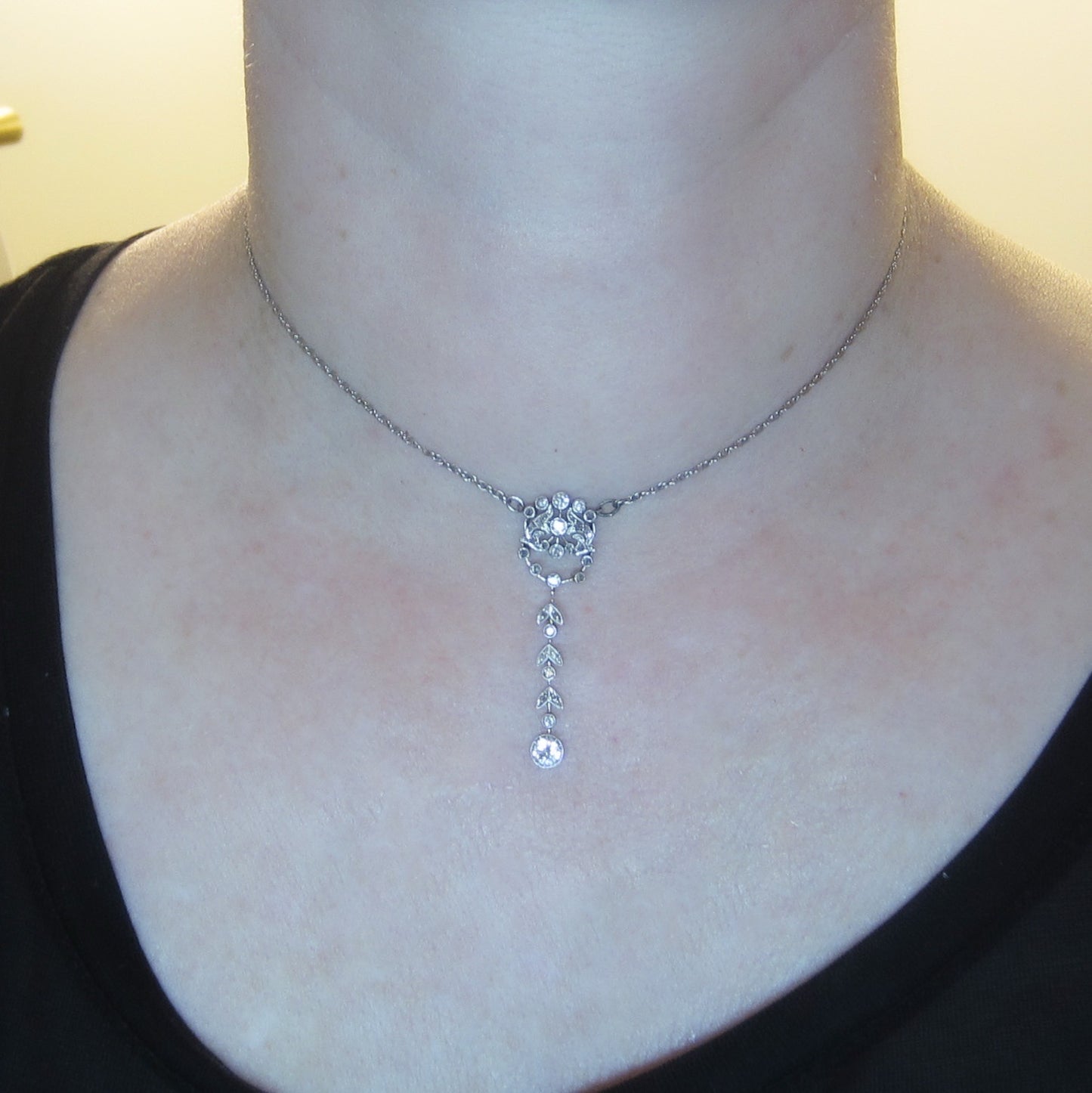 Edwardian Diamond Drop Necklace Platinum/18k c. 1915