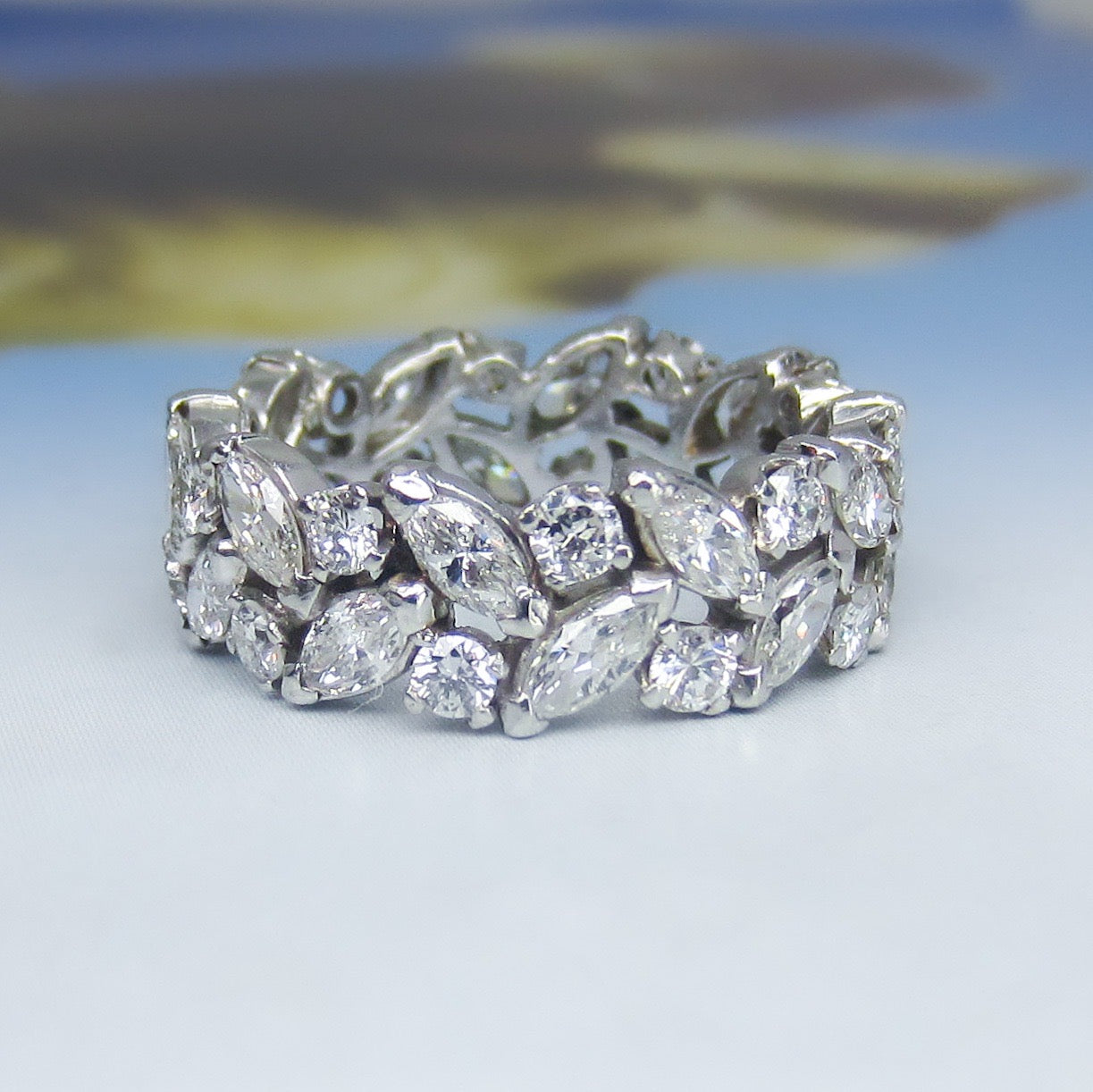 SOLD-Beautiful Vintage Marquise and Round Diamond Eternity Band 18k, size 6.5
