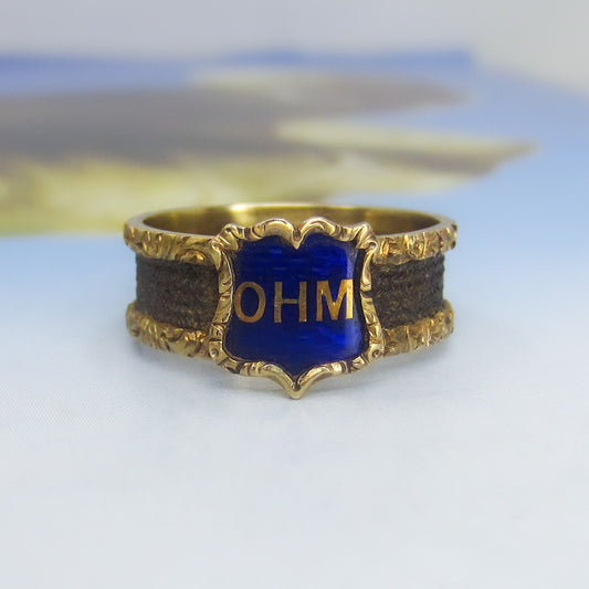 SOLD-Victorian Enamel Hair Mourning Ring 15k, Size 8 c. 1870