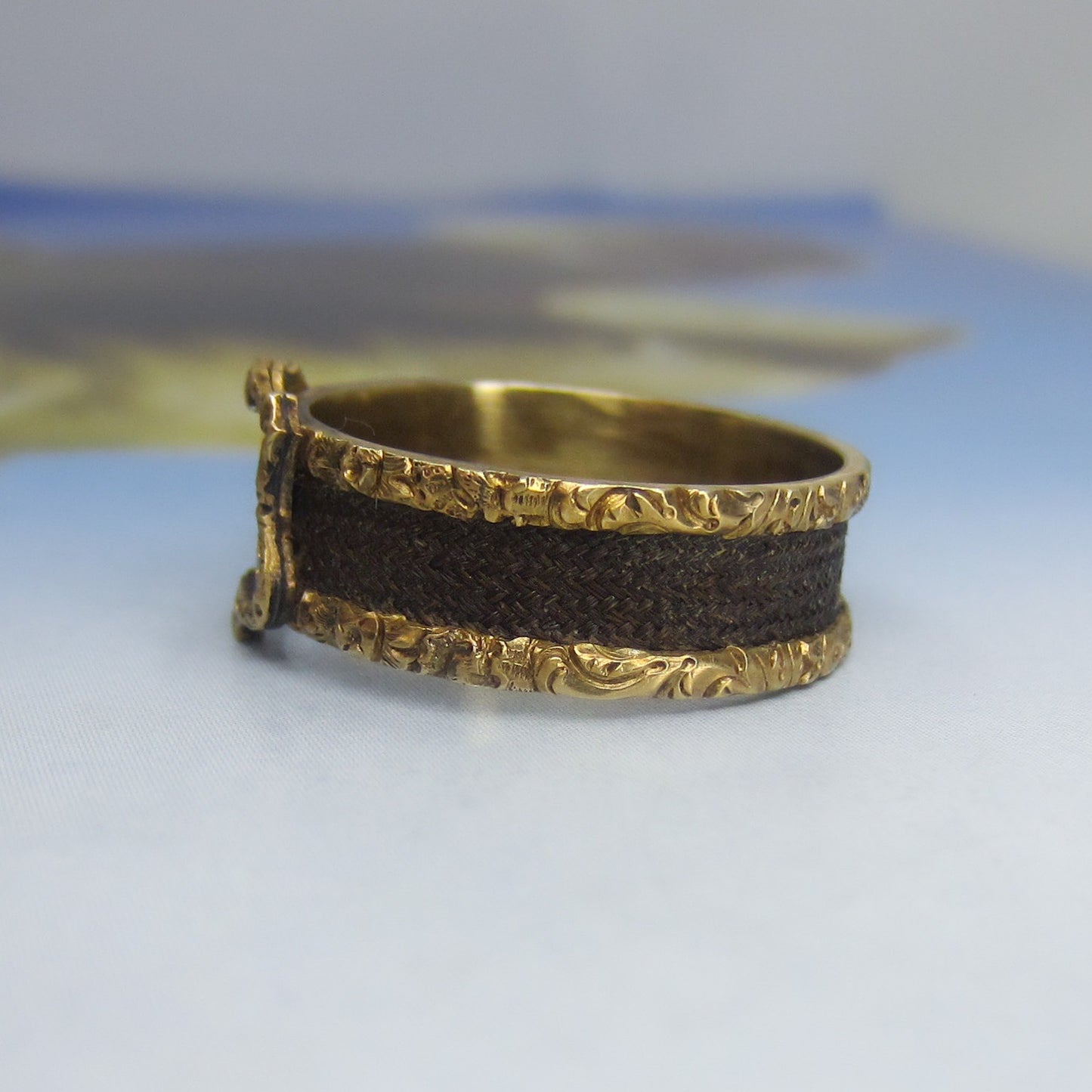 SOLD-Victorian Enamel Hair Mourning Ring 15k, Size 8 c. 1870
