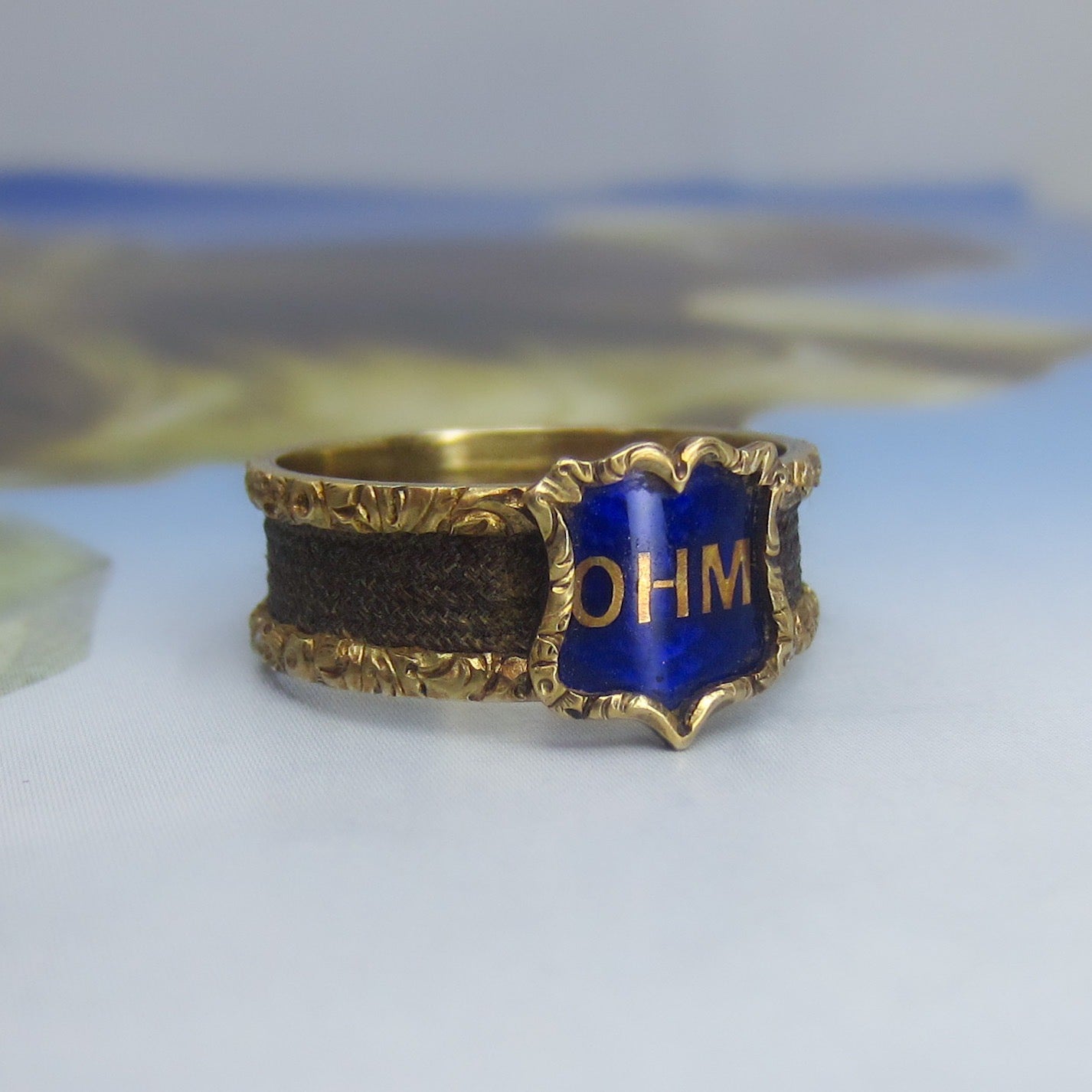 SOLD-Victorian Enamel Hair Mourning Ring 15k, Size 8 c. 1870