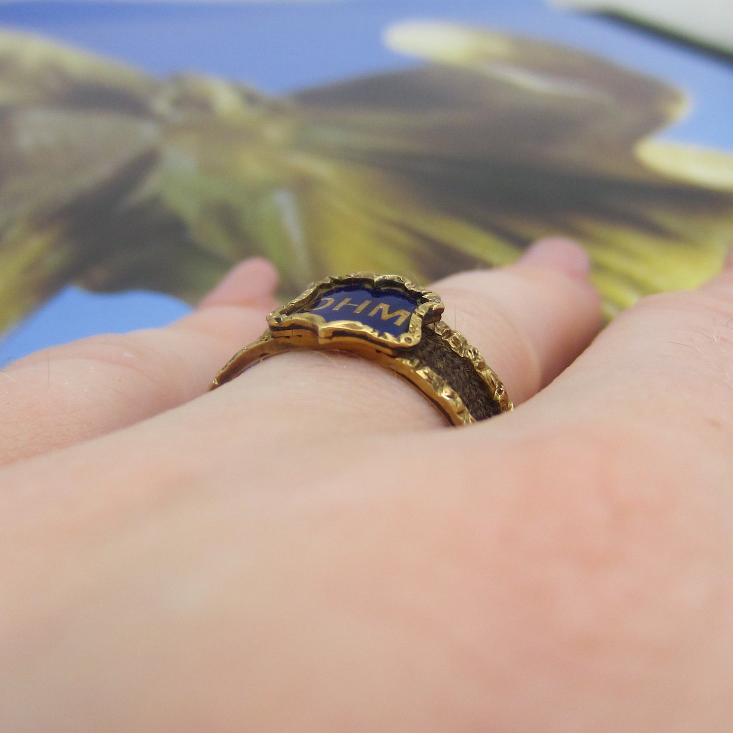 SOLD-Victorian Enamel Hair Mourning Ring 15k, Size 8 c. 1870