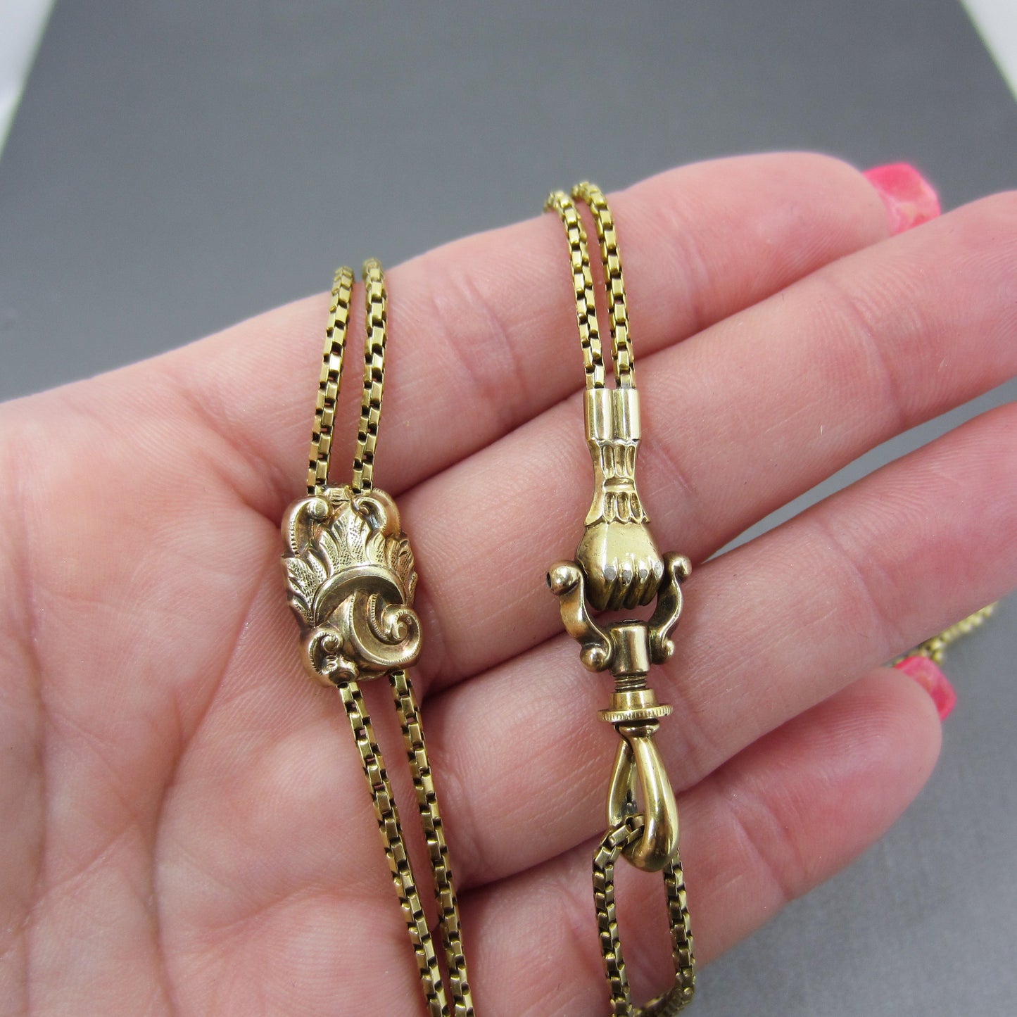 Georgian Guard Chain with Hand Clasp and Slide 15k and Silver c. 1830