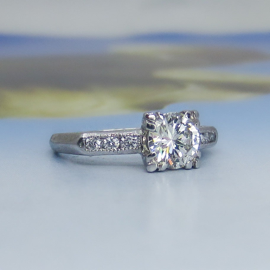 SOLD--Retro Round Brilliant Cut .76ct Diamond Engagement Ring Platinum c. 1940