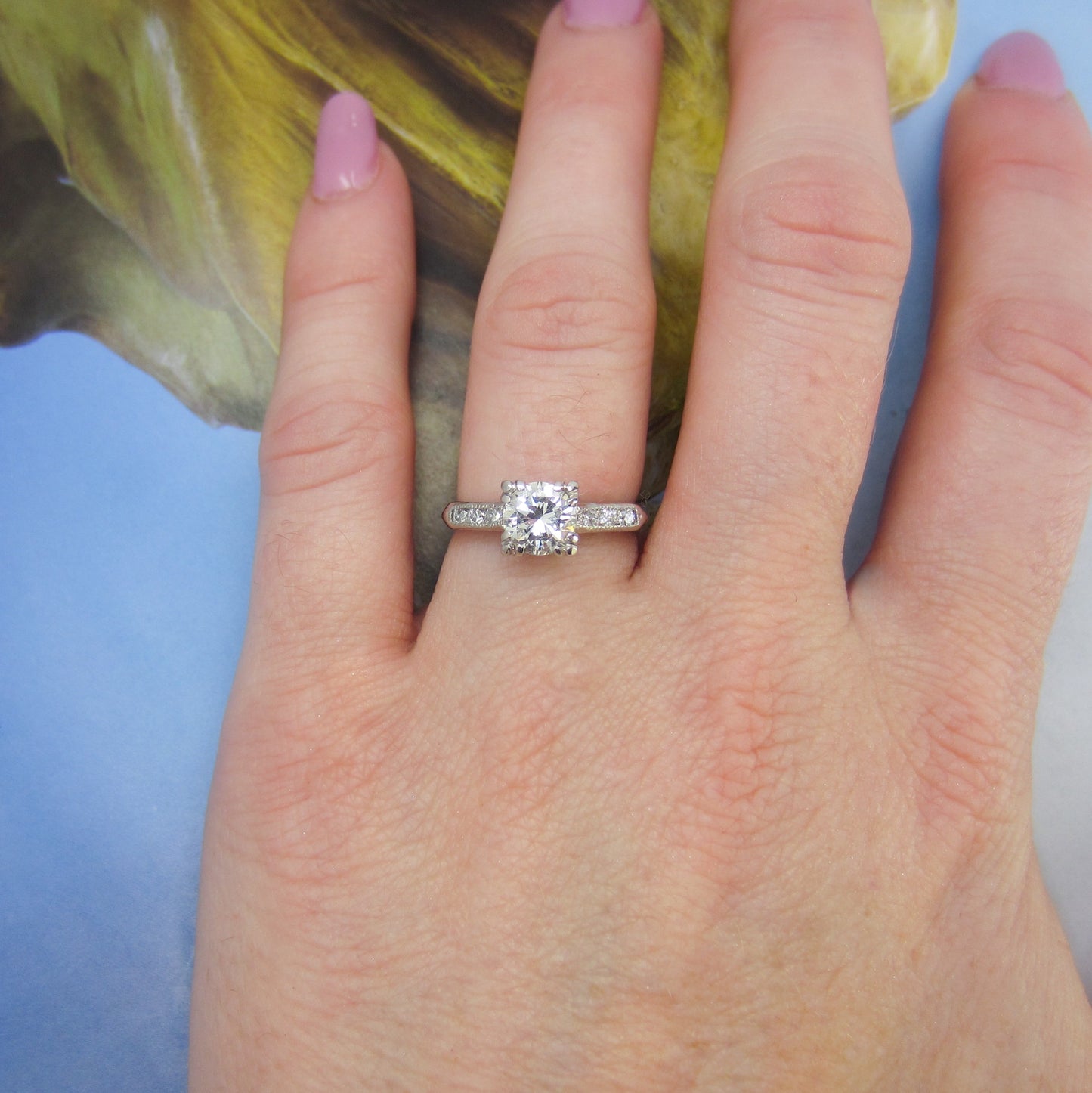 SOLD--Retro Round Brilliant Cut .76ct Diamond Engagement Ring Platinum c. 1940