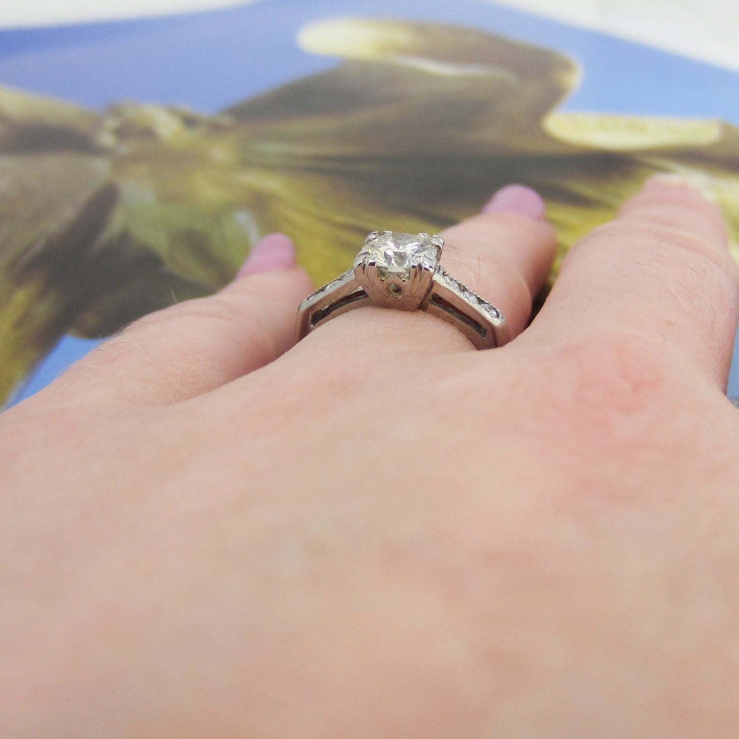 SOLD--Retro Round Brilliant Cut .76ct Diamond Engagement Ring Platinum c. 1940