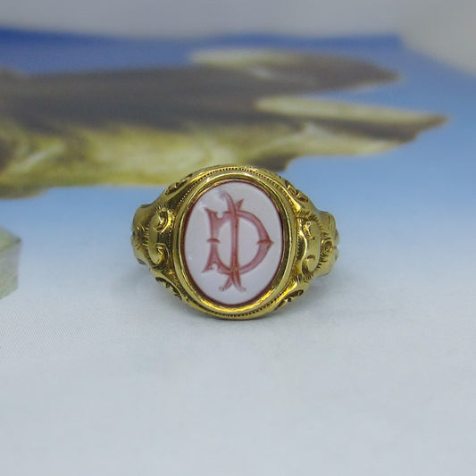 SOLD-Victorian Hardstone Intaglio Signet Pinky Ring 15k c. 1887