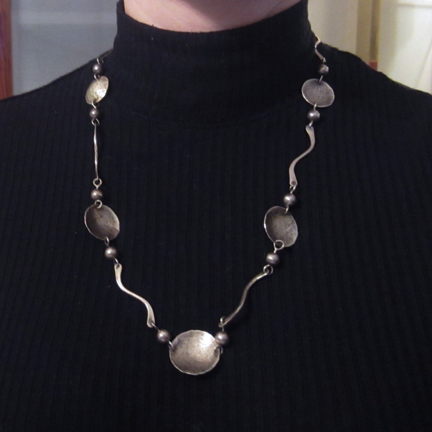 Modernist Hand Hammered Disc Necklace Sterling c. 1960