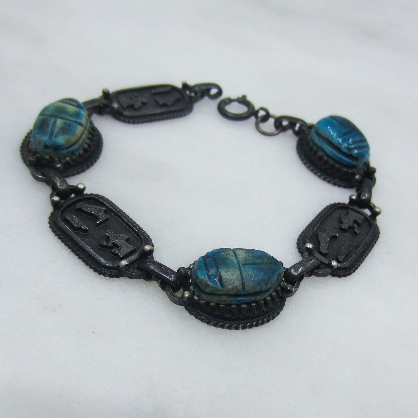 Egyptian Revival Faïence Scarab and Cartouche Bracelet Silver c. 1970's