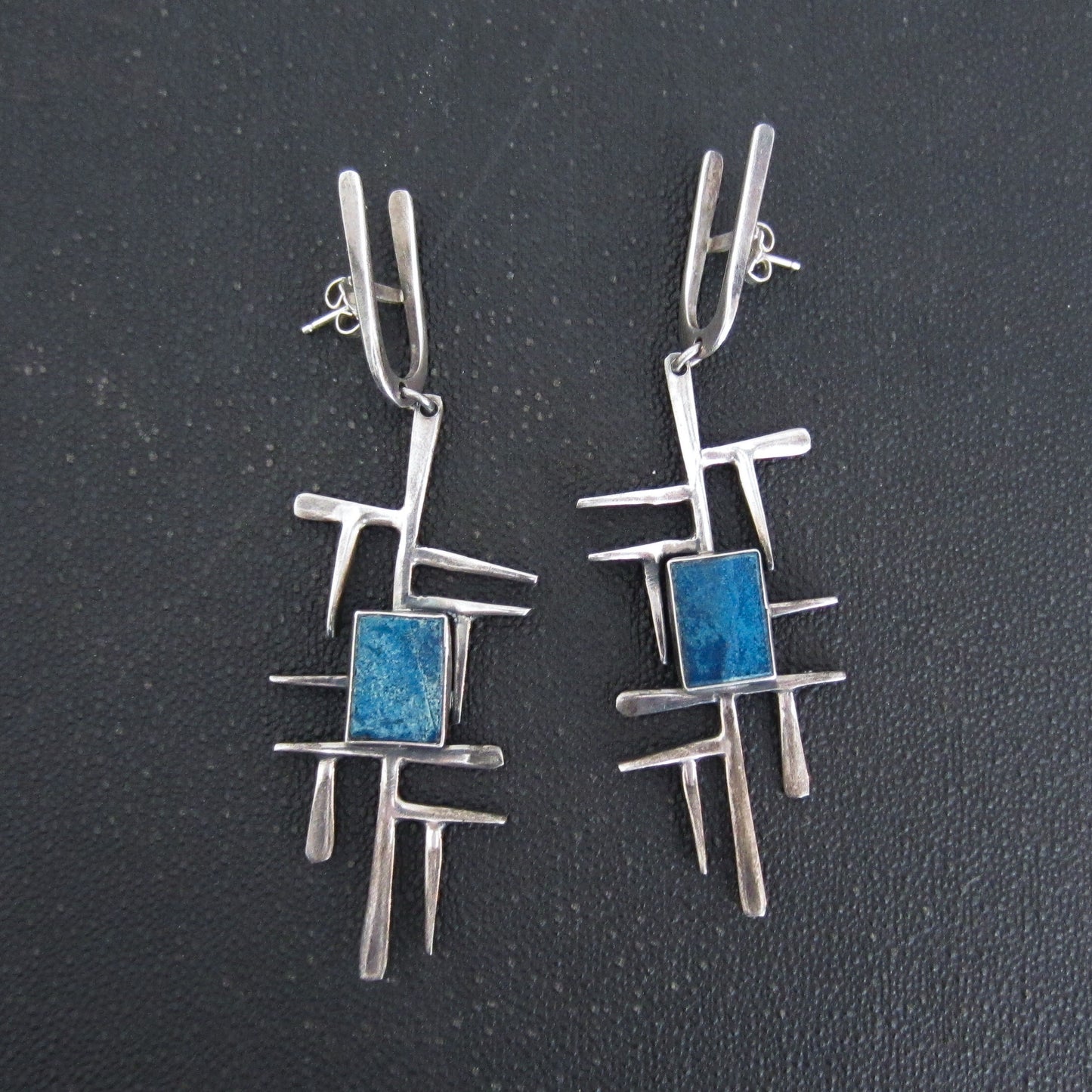 Huge Modernist Sodalite Drop Earrings Sterling c. 1960