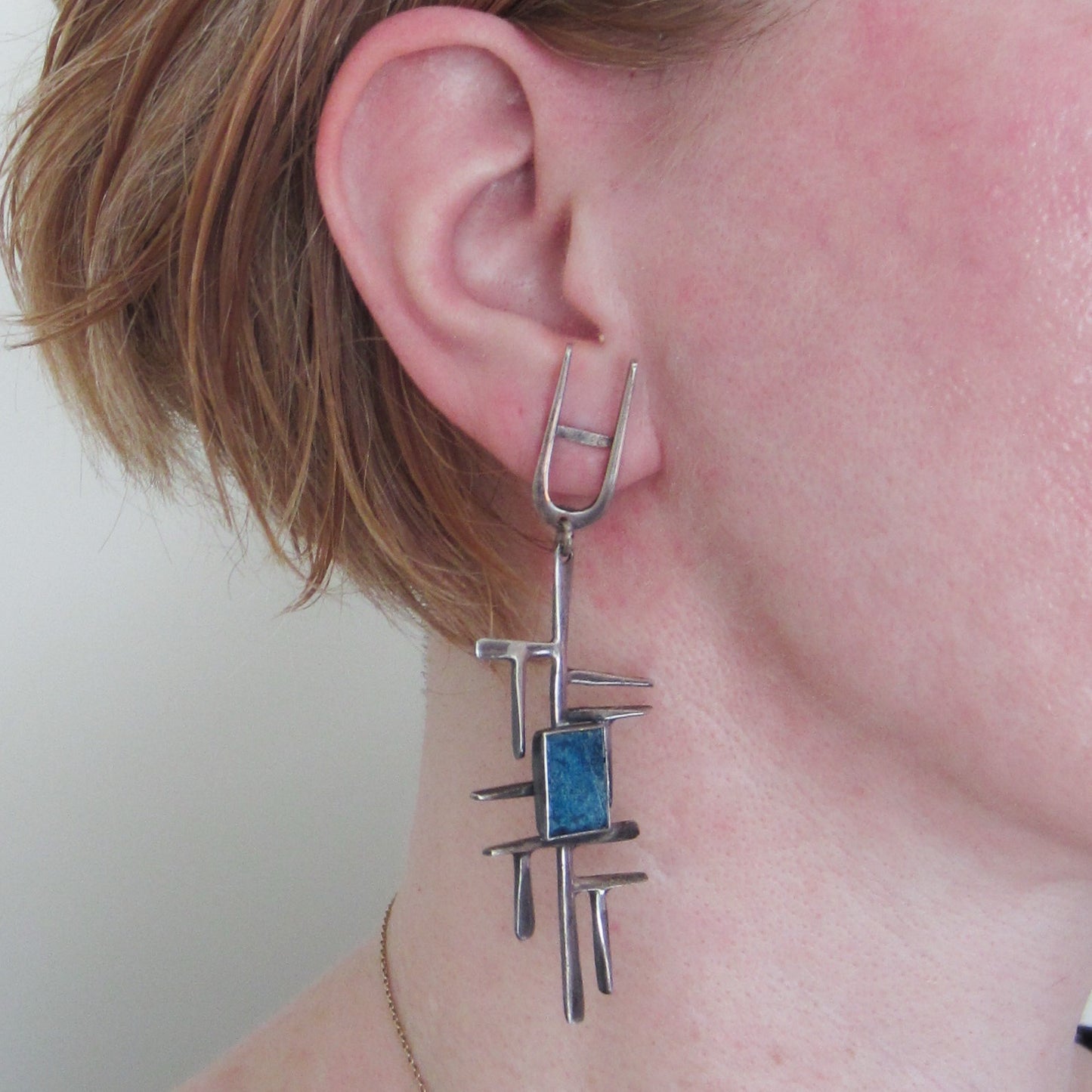 Huge Modernist Sodalite Drop Earrings Sterling c. 1960