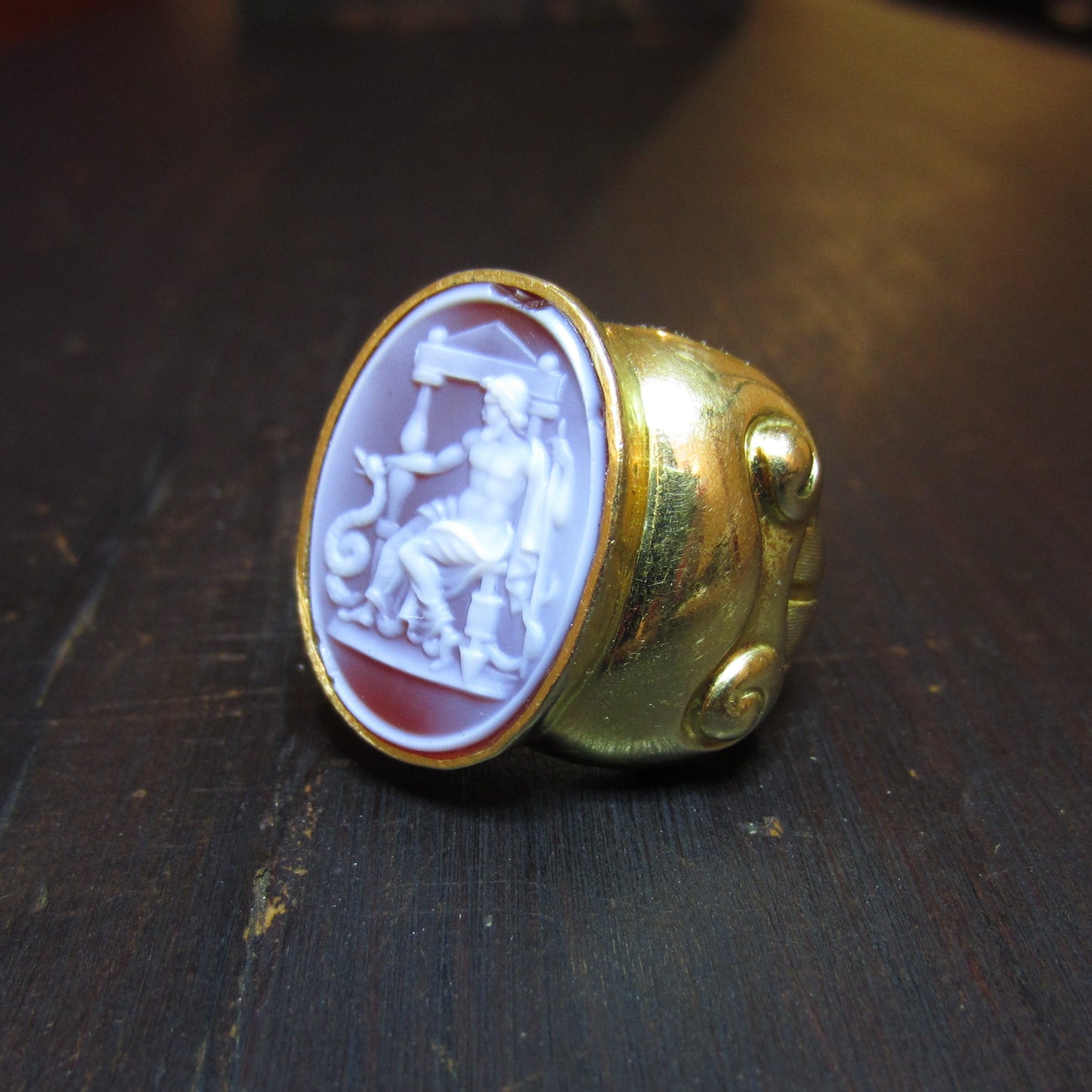 Vintage HUGE Asclepius God of Medicine Hardstone Cameo Ring 18k