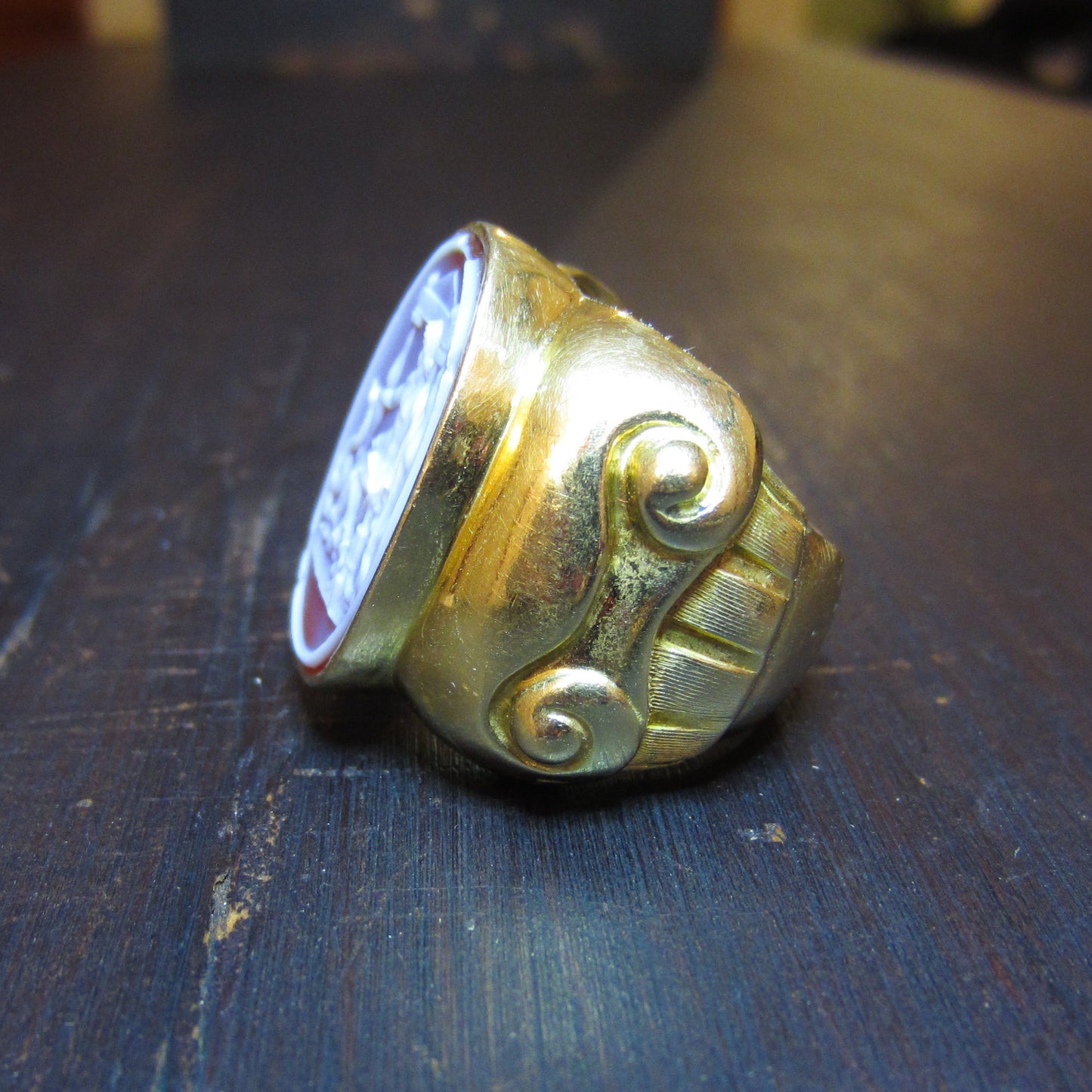 Vintage HUGE Asclepius God of Medicine Hardstone Cameo Ring 18k