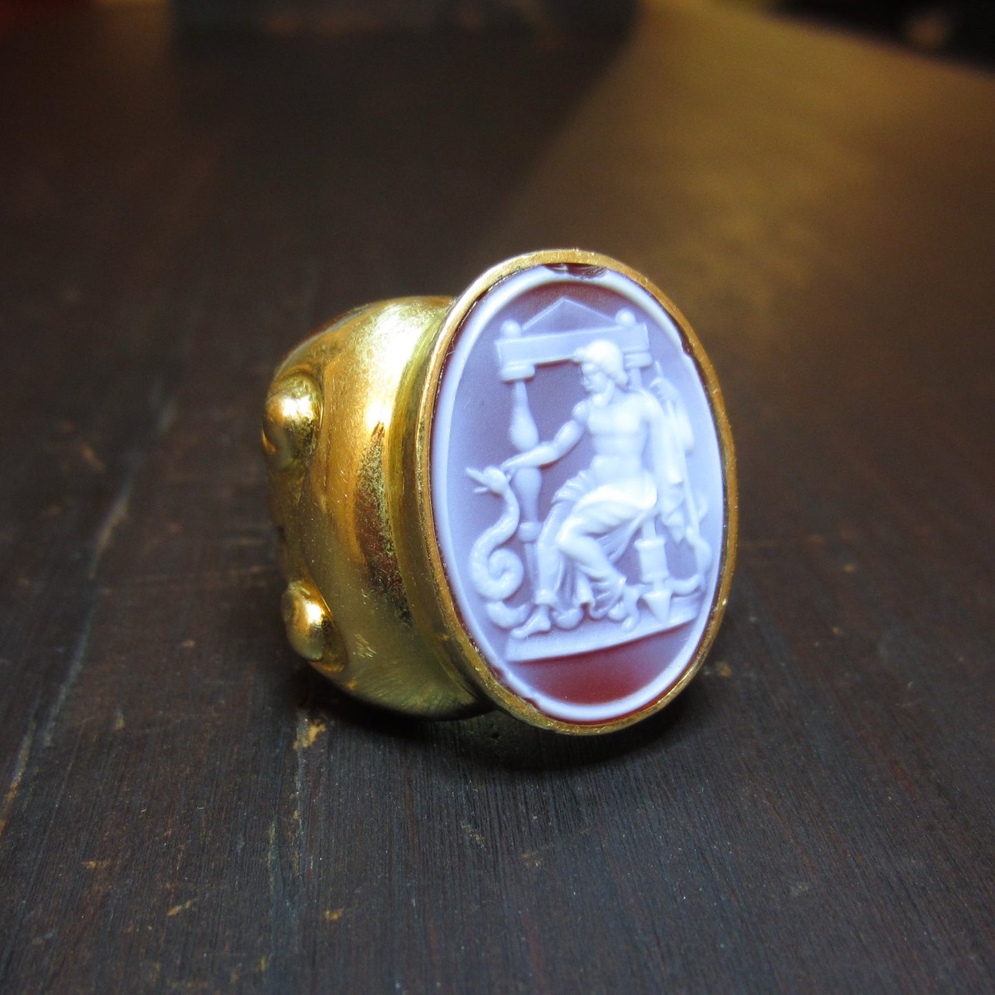 Vintage HUGE Asclepius God of Medicine Hardstone Cameo Ring 18k