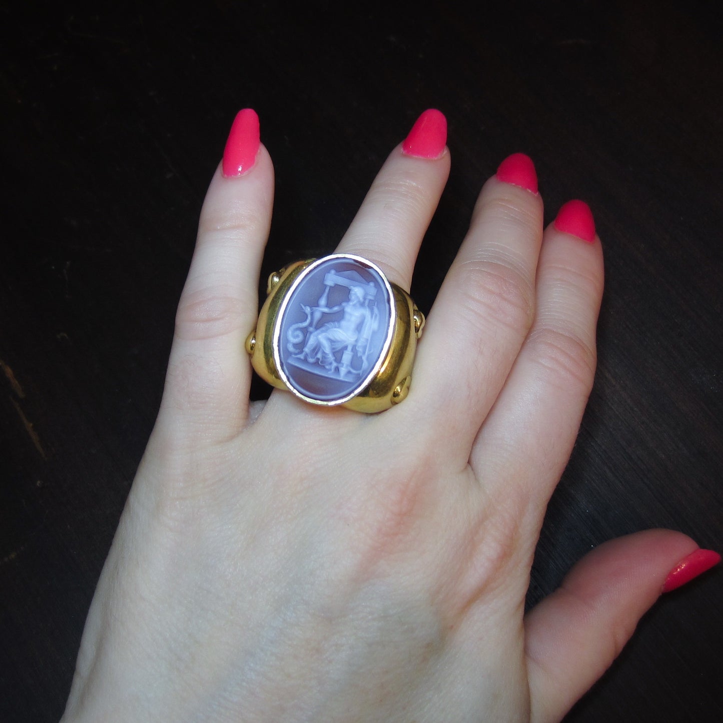 Vintage HUGE Asclepius God of Medicine Hardstone Cameo Ring 18k
