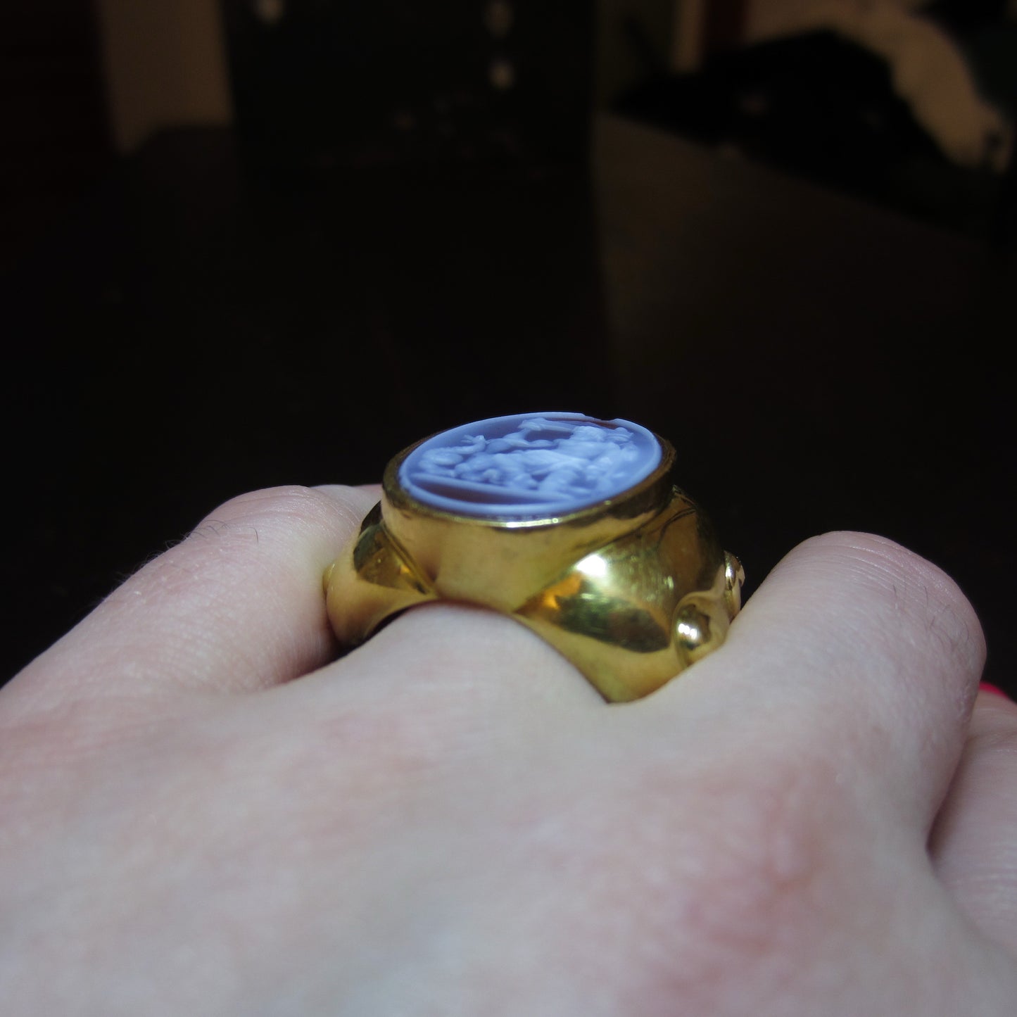 Vintage HUGE Asclepius God of Medicine Hardstone Cameo Ring 18k