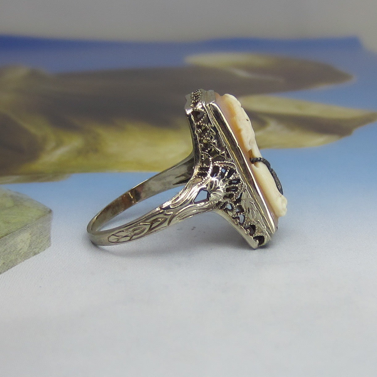 Art Deco Cameo Diamond Ring 14k c. 1930