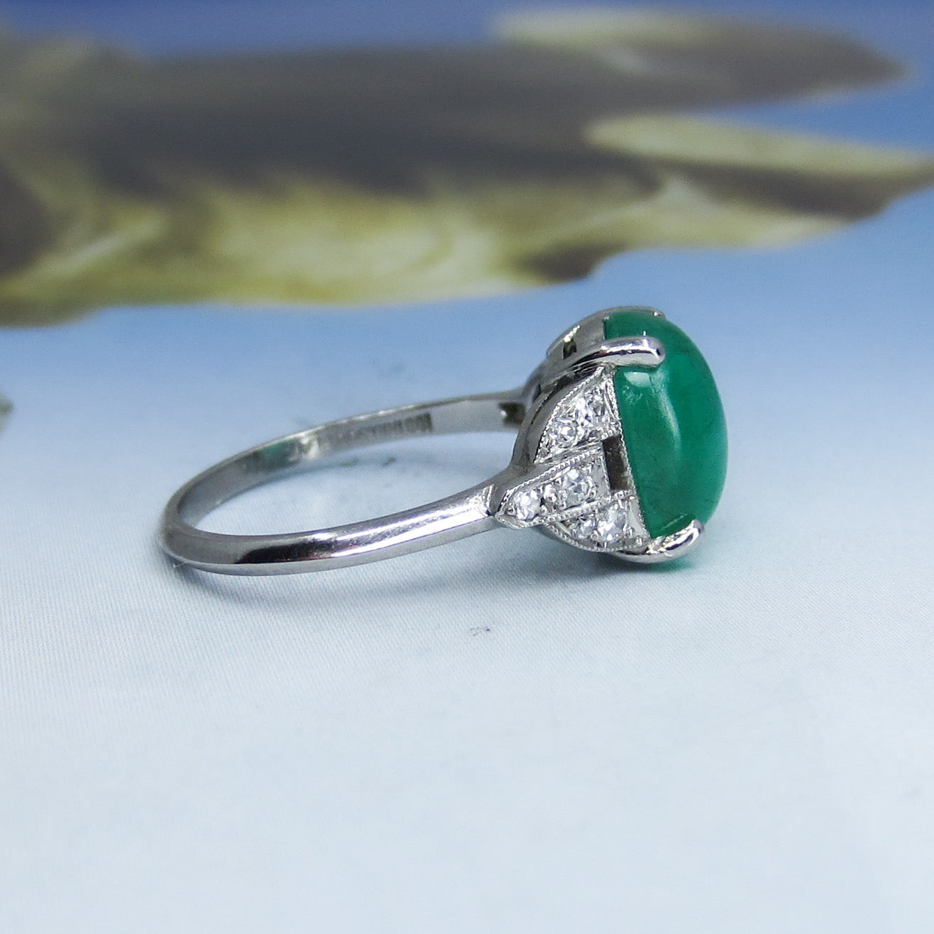 SOLD-Art Deco Emerald Cabochon and Diamond Ring Platinum c. 1930