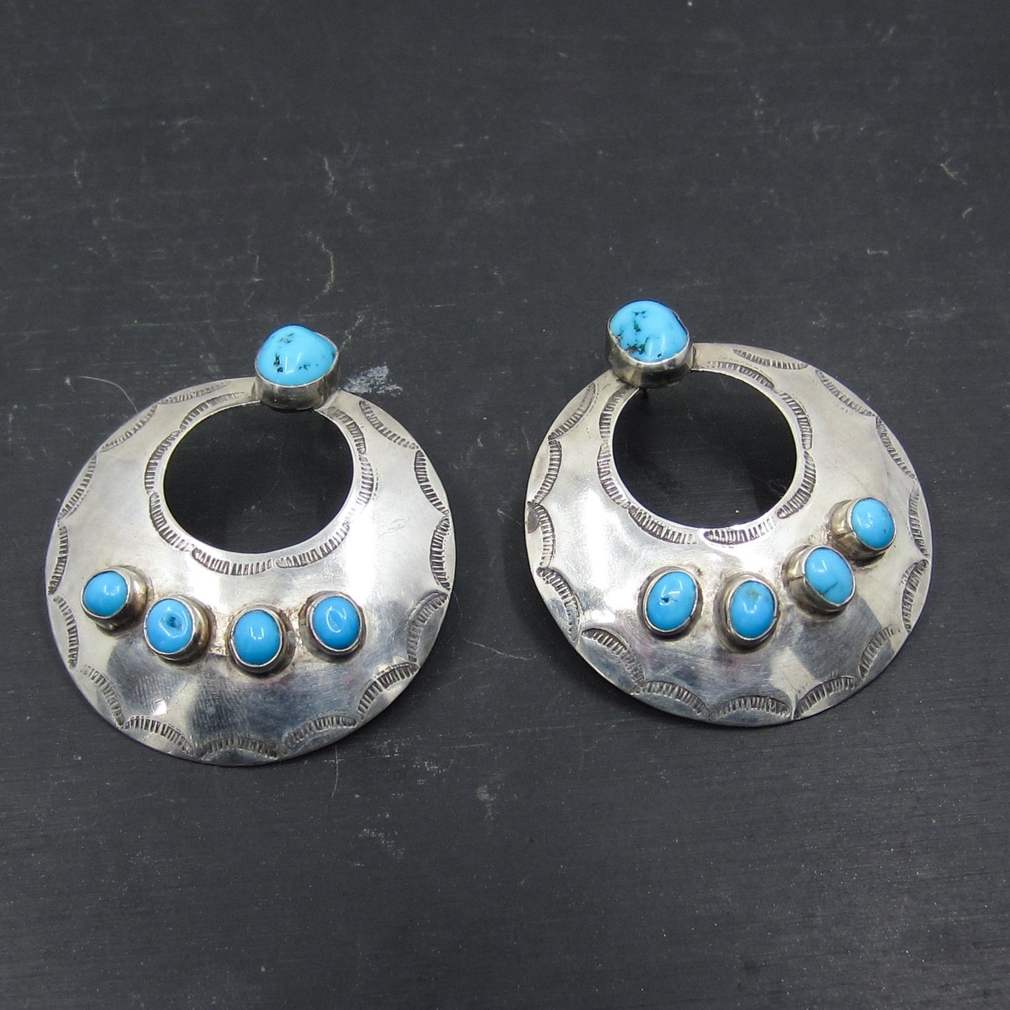 SOLD--Vintage Navajo Turquoise Hoop Earrings Sterling c. 1970